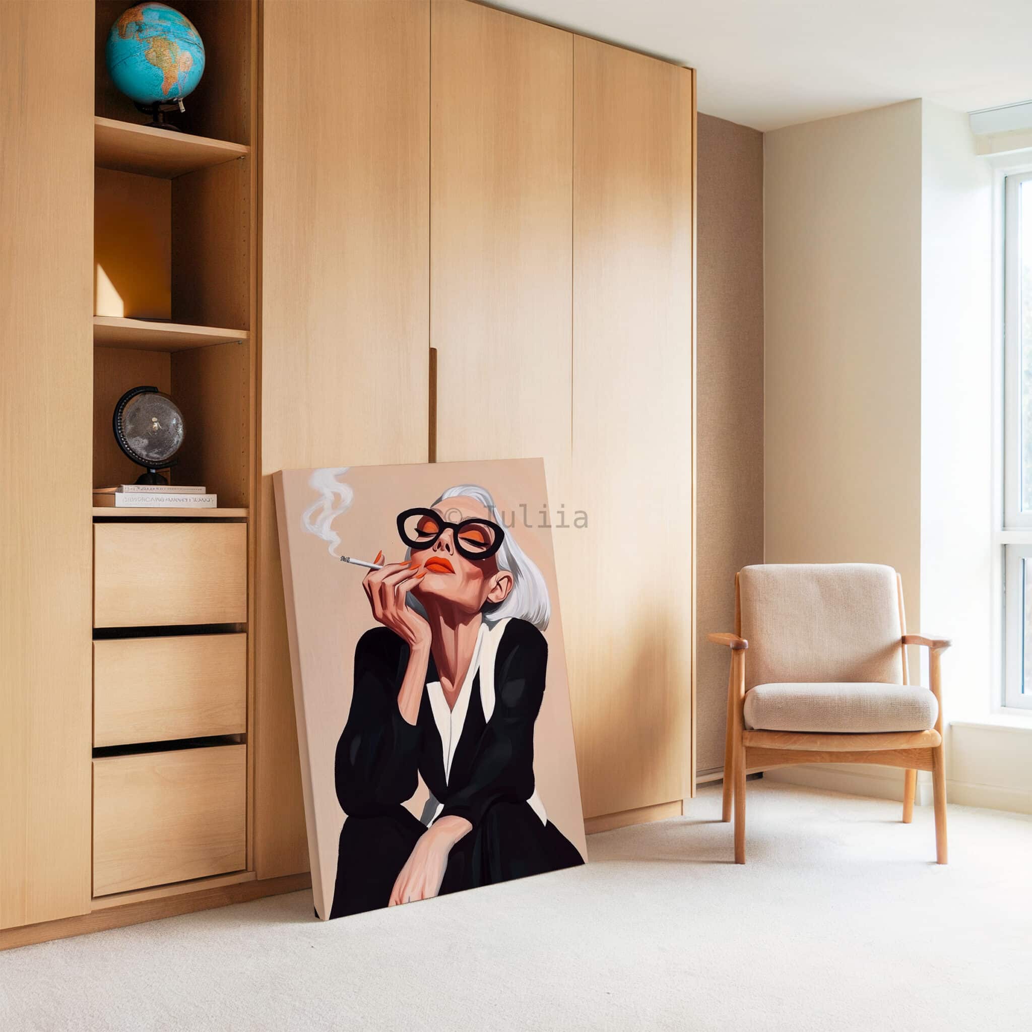 Modern Muse Art Canvas, Glamorous Woman with Sunglasses and Cigarette Artwork, Boutique Hotel Decor - photo #3