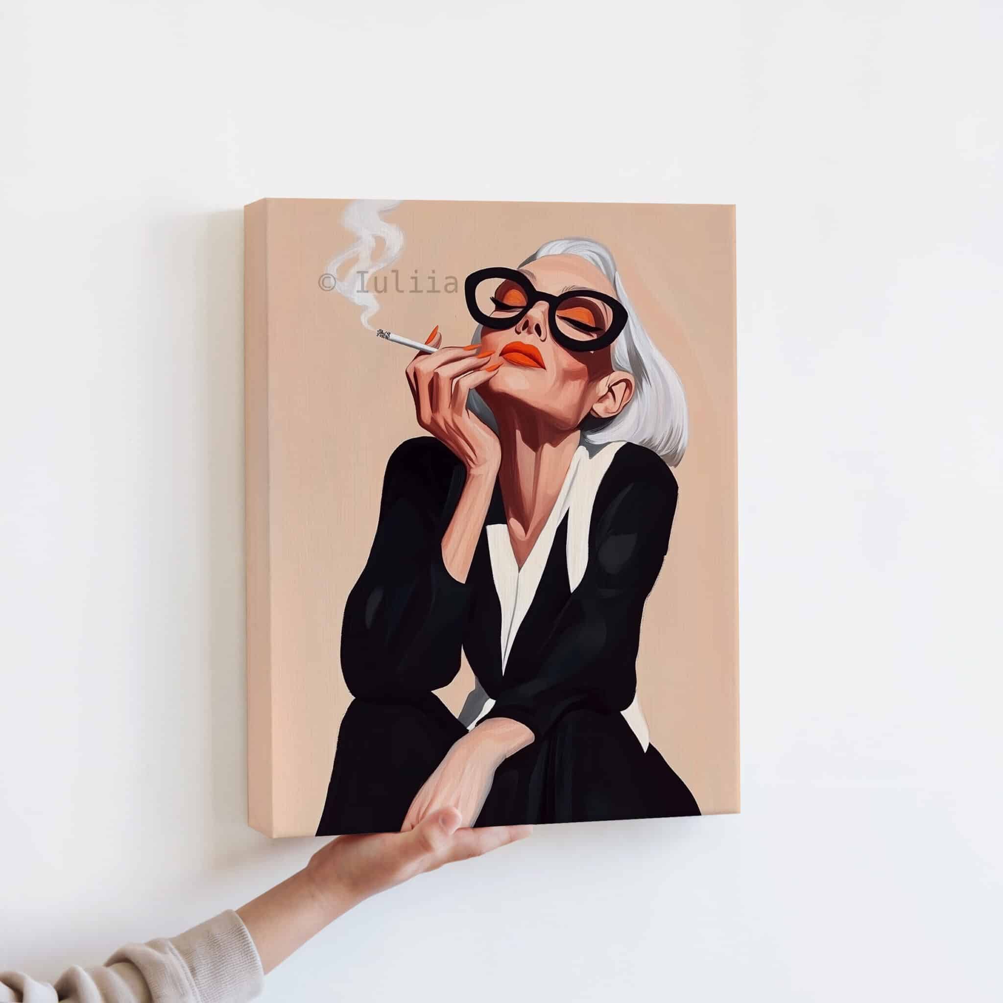 Modern Muse Art Canvas, Glamorous Woman with Sunglasses and Cigarette Artwork, Boutique Hotel Decor - photo #12
