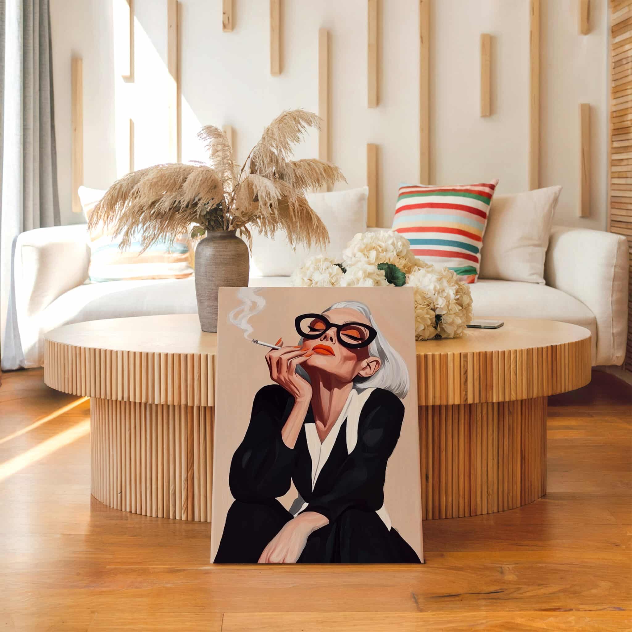Modern Muse Art Canvas, Glamorous Woman with Sunglasses and Cigarette Artwork, Boutique Hotel Decor - photo #13
