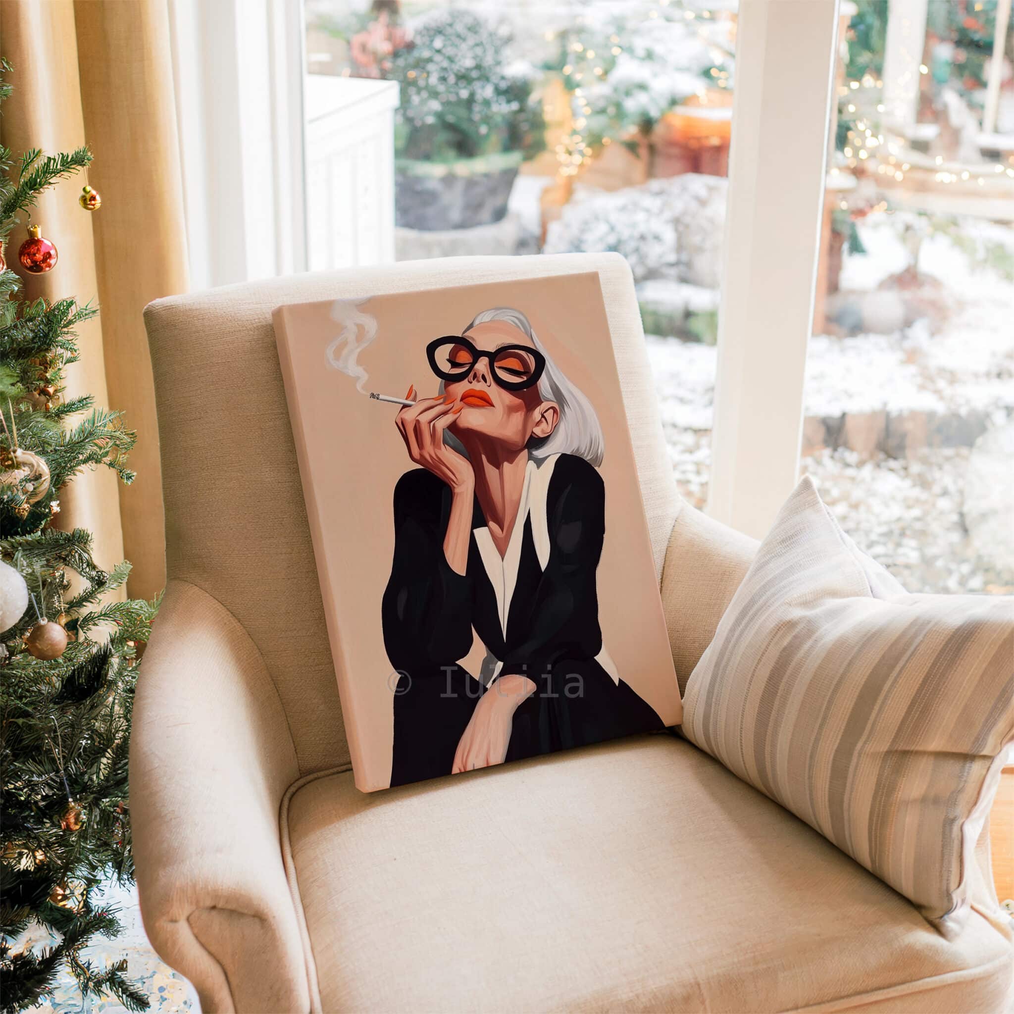 Modern Muse Art Canvas, Glamorous Woman with Sunglasses and Cigarette Artwork, Boutique Hotel Decor - photo #15
