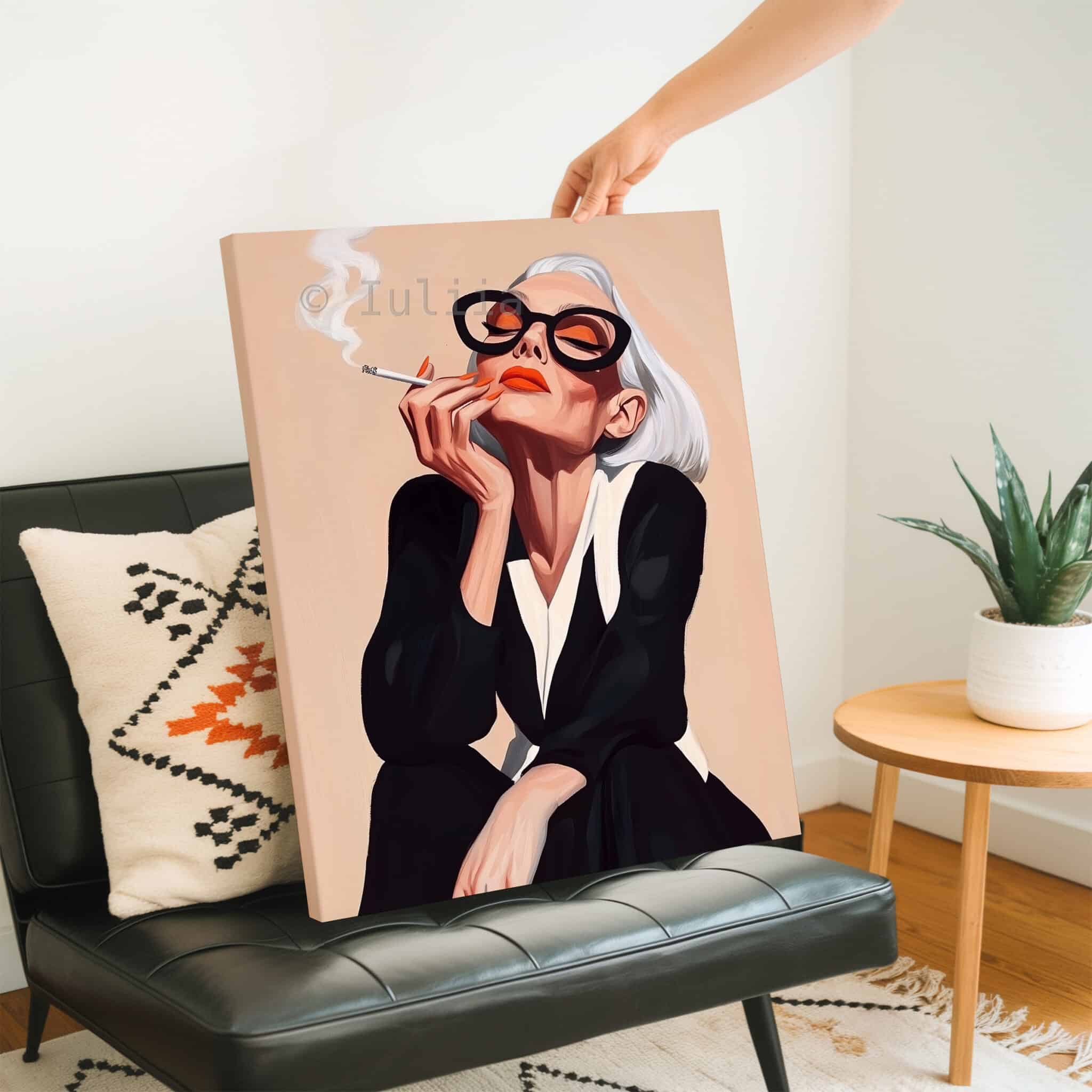 Modern Muse Art Canvas, Glamorous Woman with Sunglasses and Cigarette Artwork, Boutique Hotel Decor - photo #2