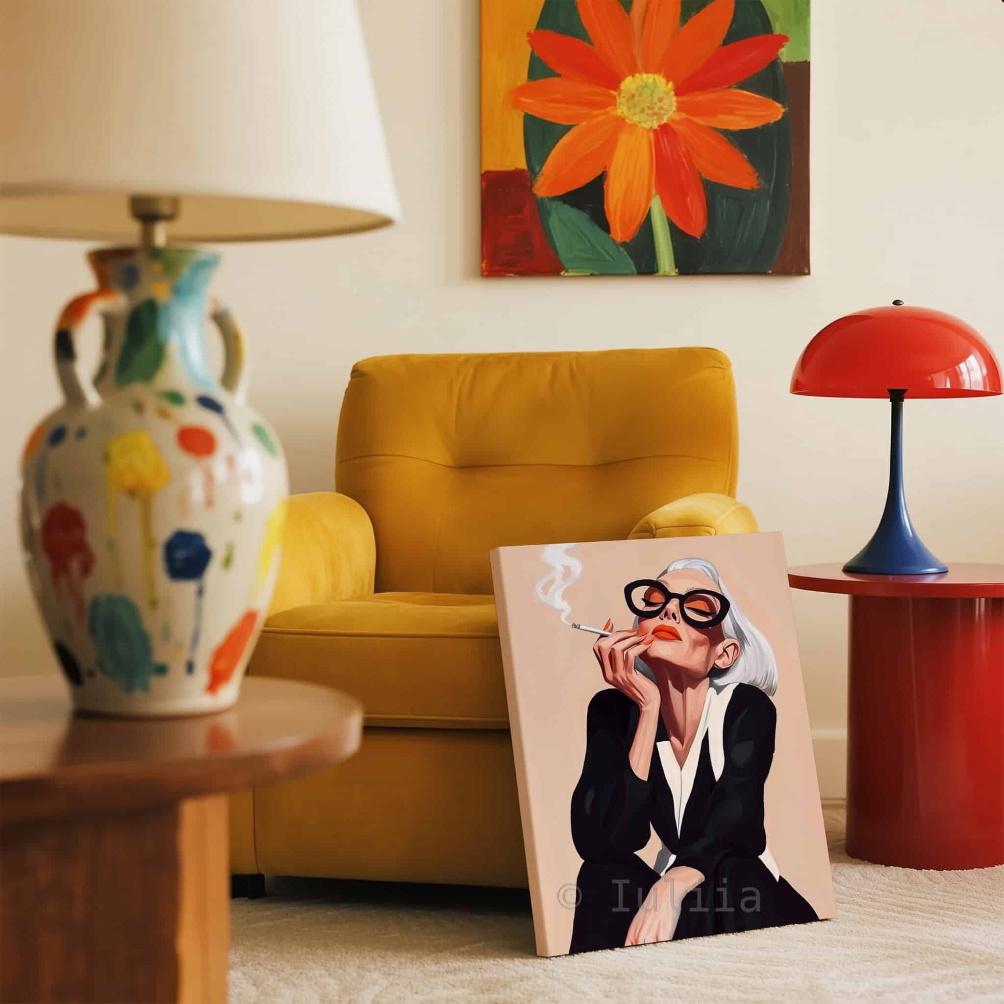 Modern Muse Art Canvas, Glamorous Woman with Sunglasses and Cigarette Artwork, Boutique Hotel Decor - photo #11