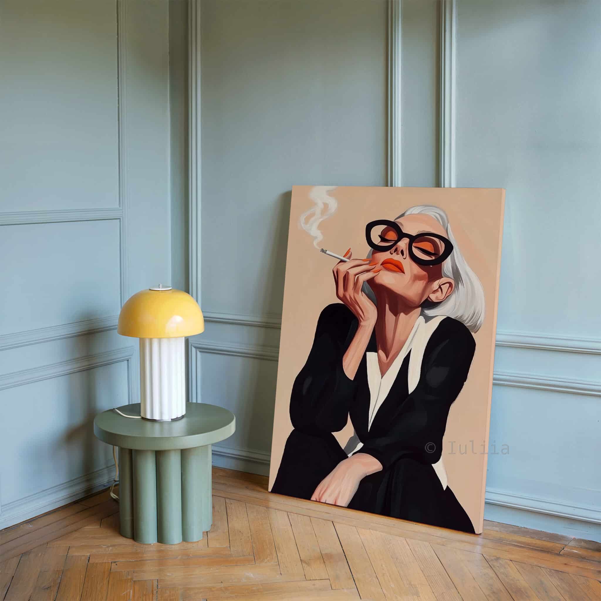 Modern Muse Art Canvas, Glamorous Woman with Sunglasses and Cigarette Artwork, Boutique Hotel Decor - photo #16