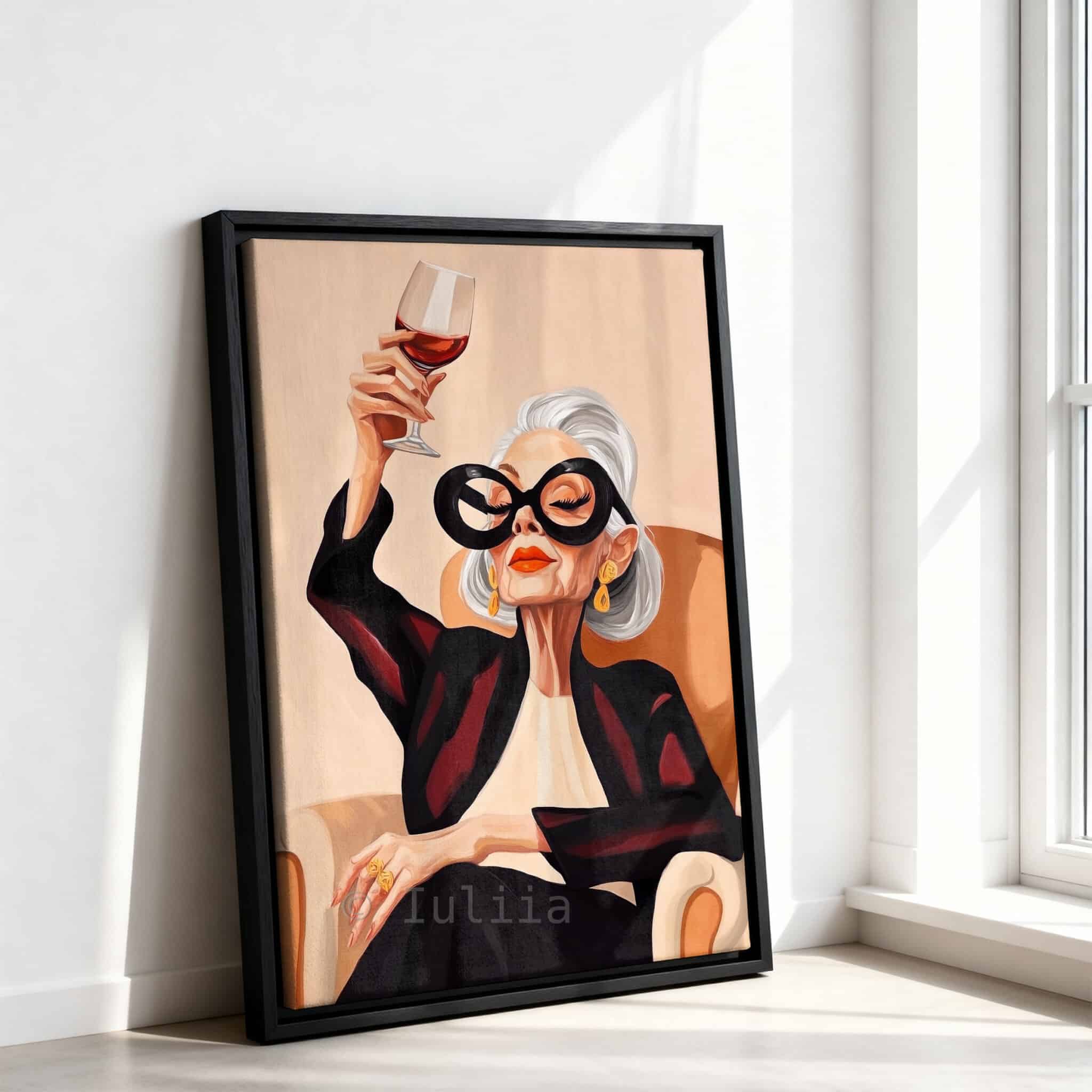 Wine Woman Art Canvas, Glamorous Silver-Haired Portrait with Red Wine, Sophisticated Interior Decor - photo #10