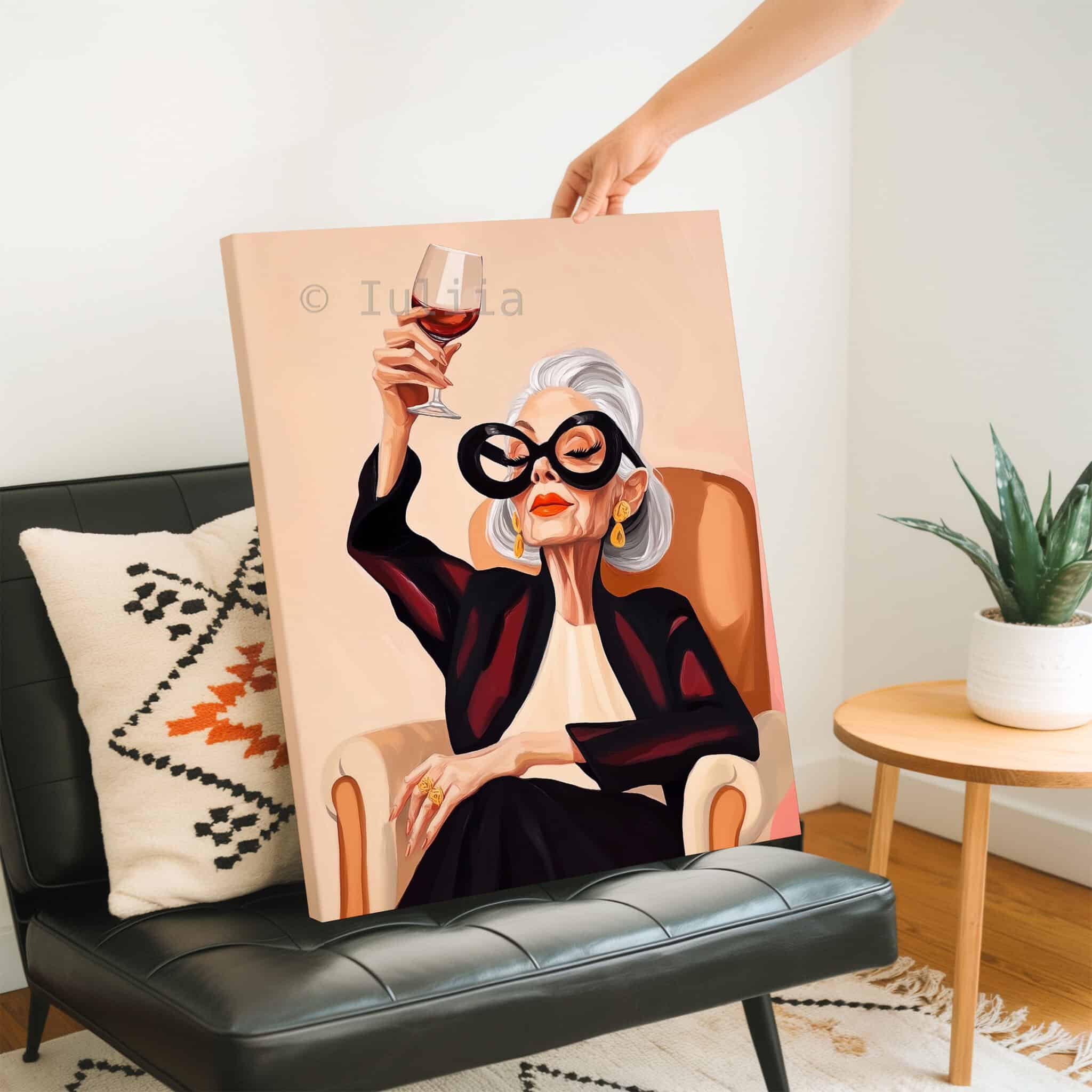 Wine Woman Art Canvas, Glamorous Silver-Haired Portrait with Red Wine, Sophisticated Interior Decor - photo #2