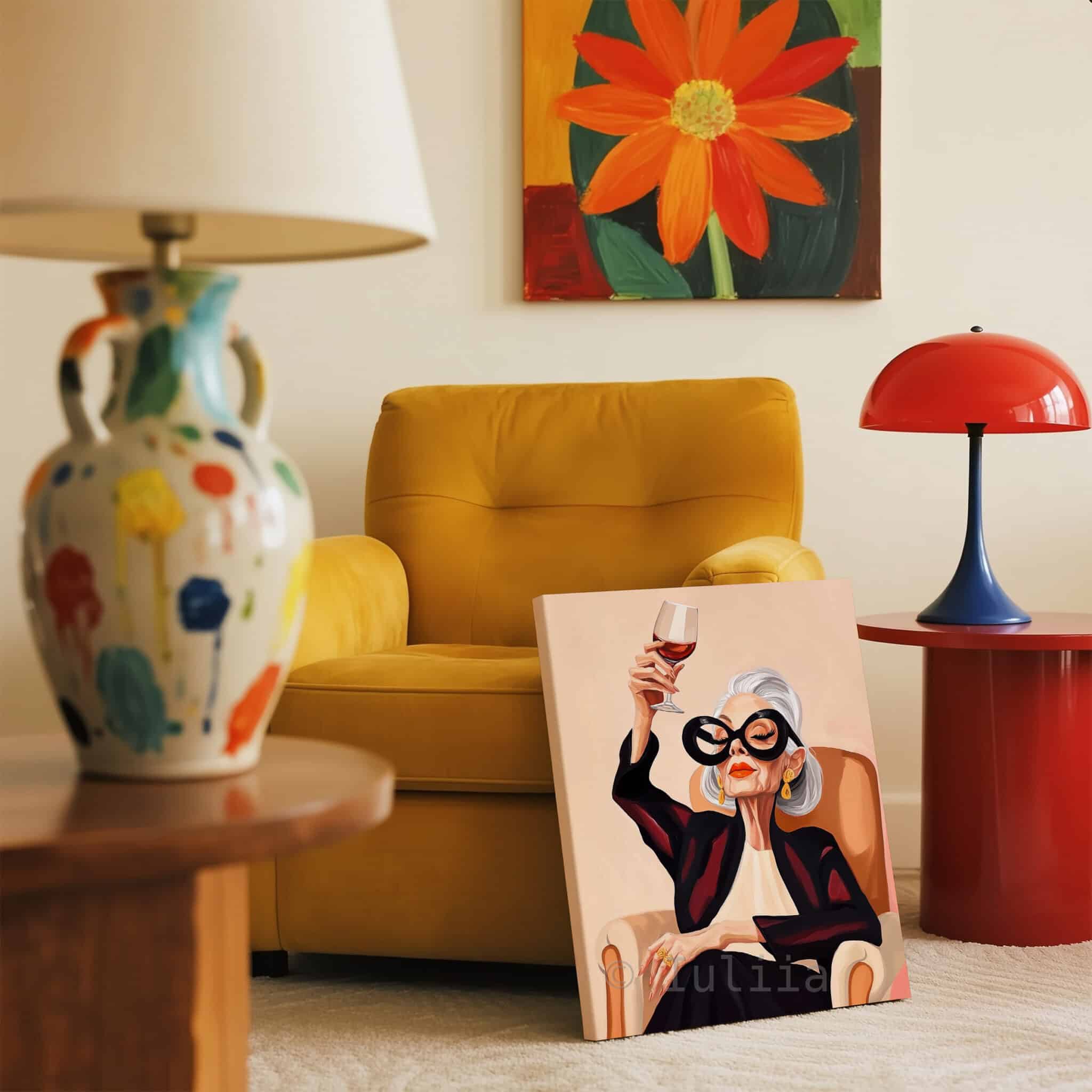 Wine Woman Art Canvas, Glamorous Silver-Haired Portrait with Red Wine, Sophisticated Interior Decor - photo #11