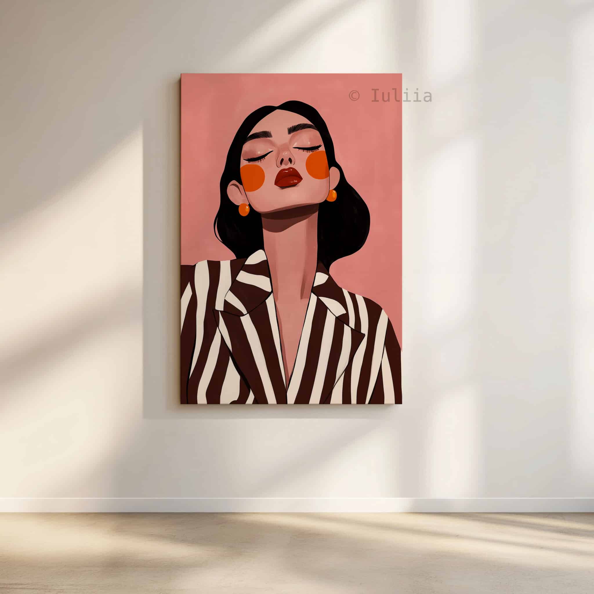 Striped Blazer Woman Canvas, Retro Fashion Portrait, Warm Neutral Wall Art, Chic Dressing Room Decor