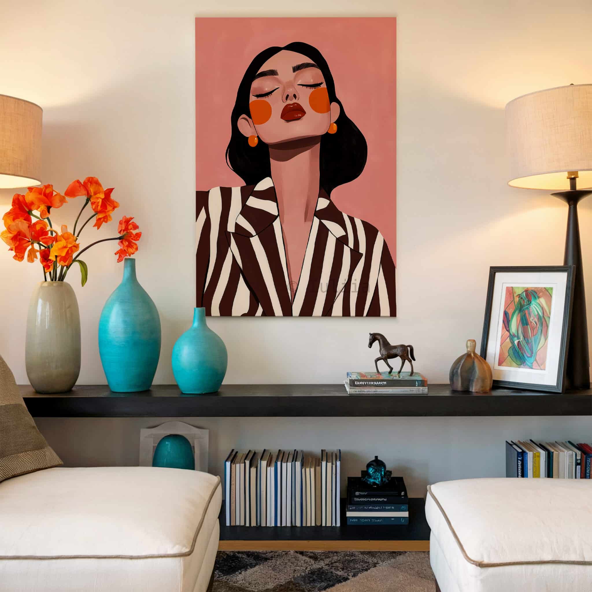 Striped Blazer Woman Canvas, Retro Fashion Portrait, Warm Neutral Wall Art, Chic Dressing Room Decor - photo #17