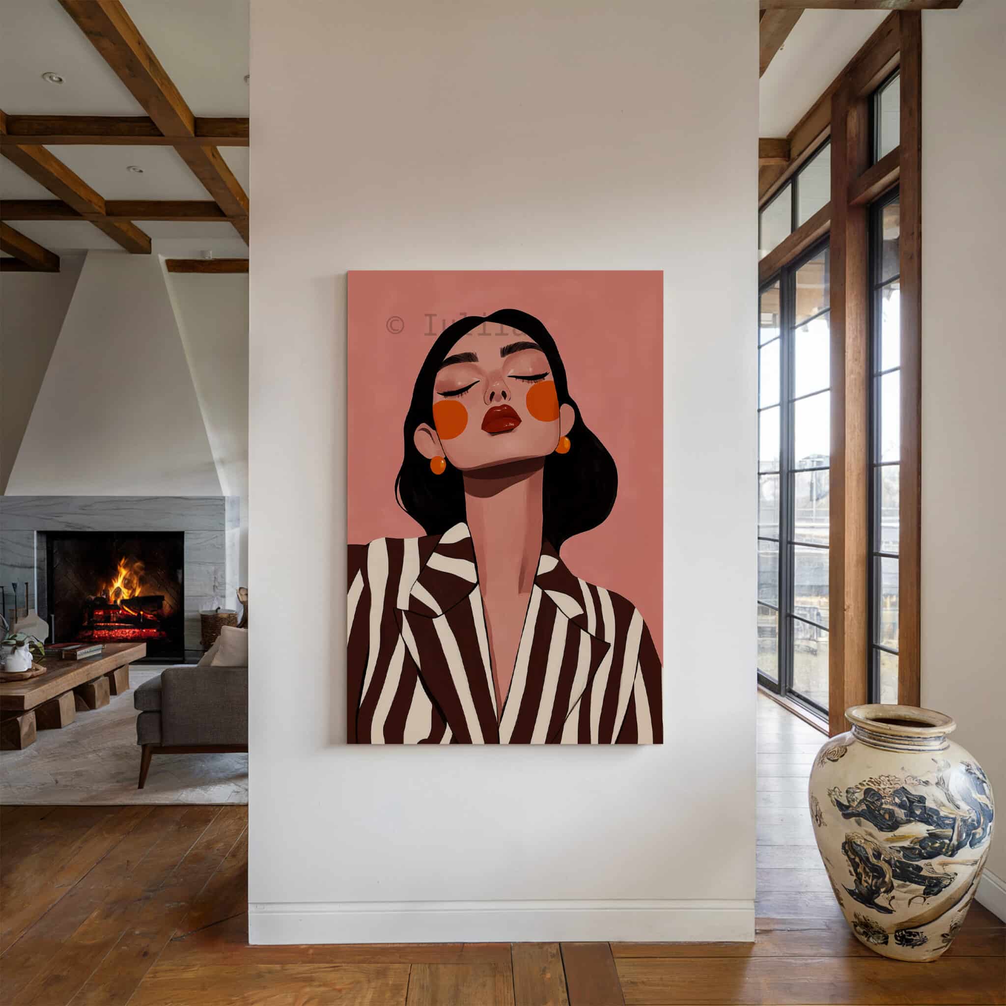 Striped Blazer Woman Canvas, Retro Fashion Portrait, Warm Neutral Wall Art, Chic Dressing Room Decor - photo #4