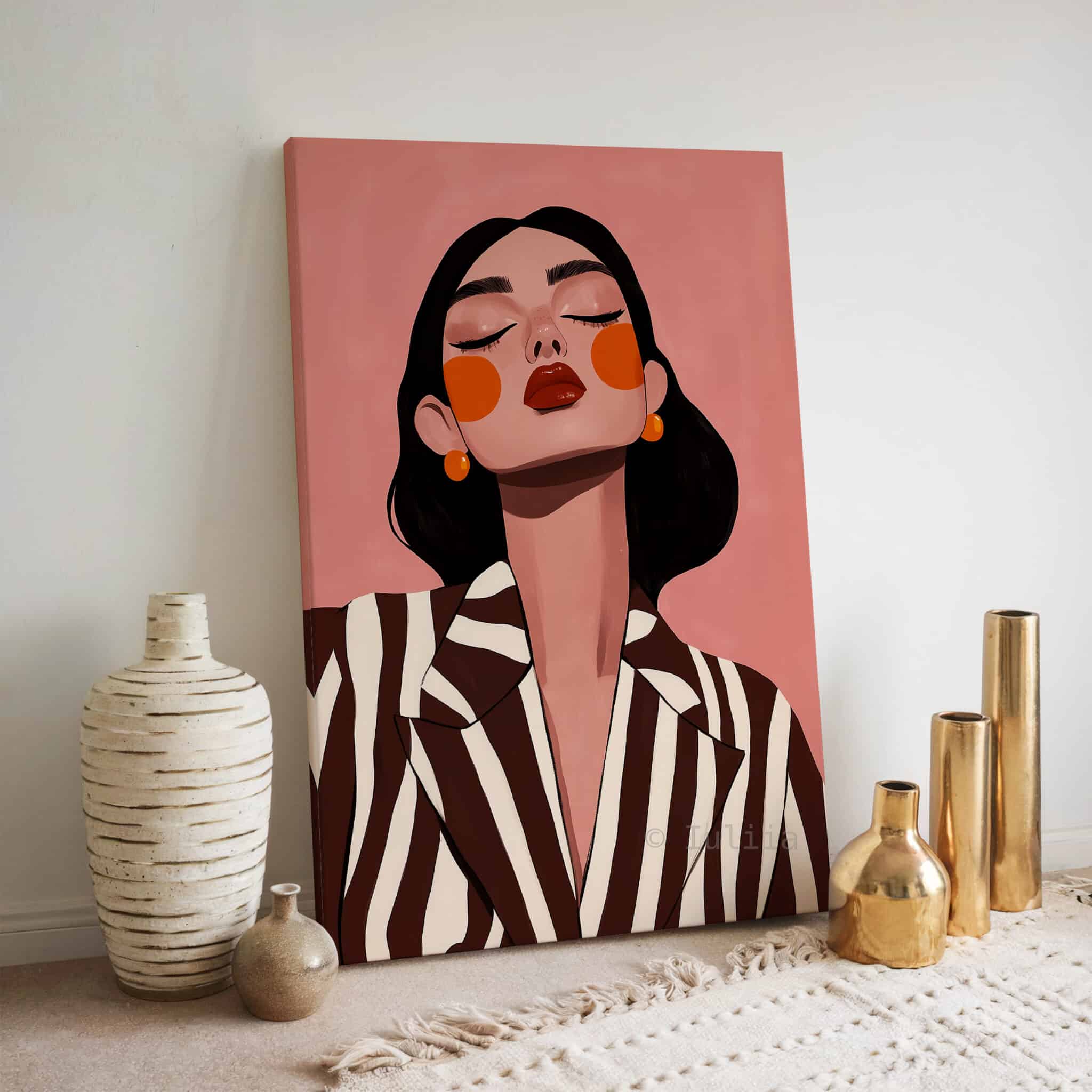 Striped Blazer Woman Canvas, Retro Fashion Portrait, Warm Neutral Wall Art, Chic Dressing Room Decor - photo #6