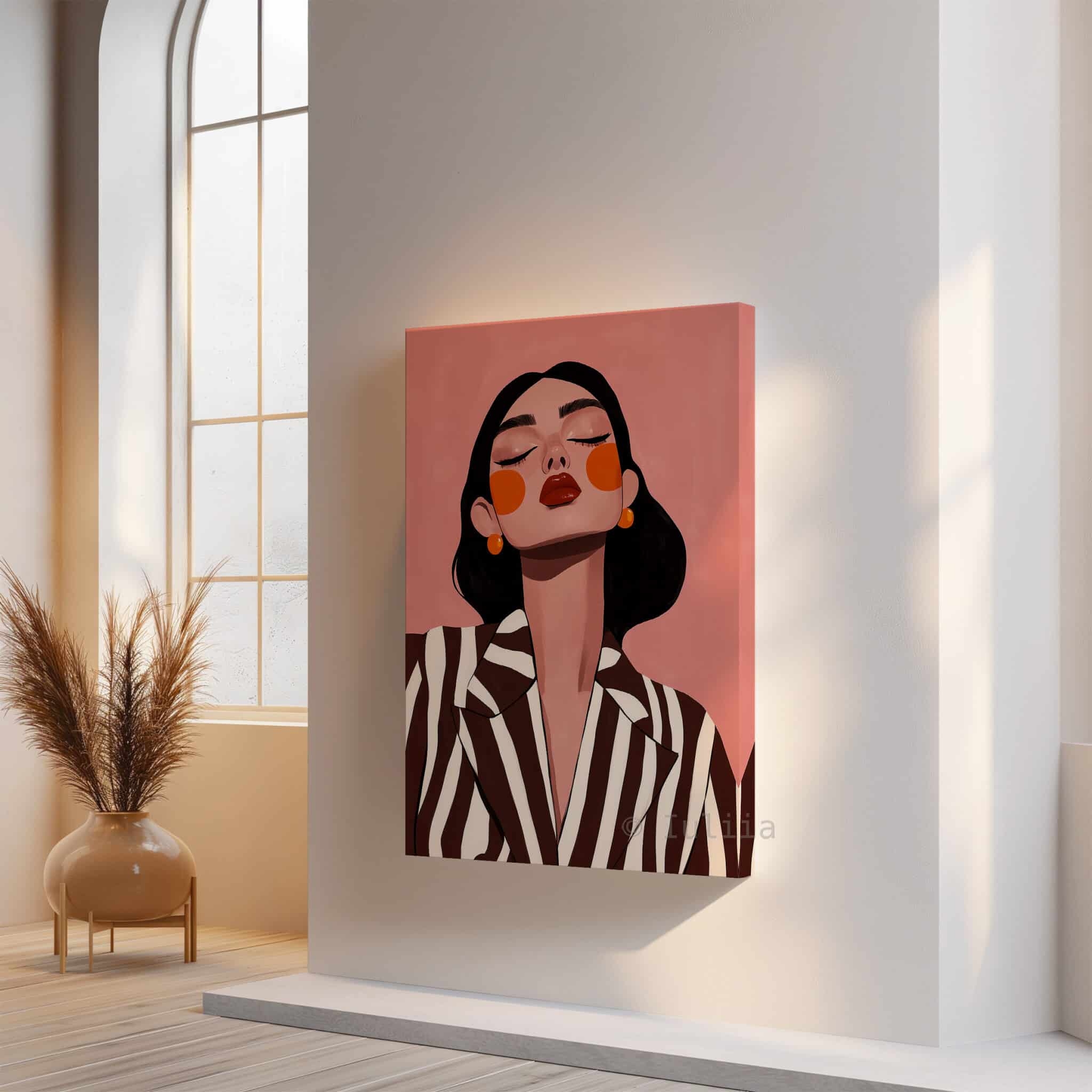 Striped Blazer Woman Canvas, Retro Fashion Portrait, Warm Neutral Wall Art, Chic Dressing Room Decor - photo #14