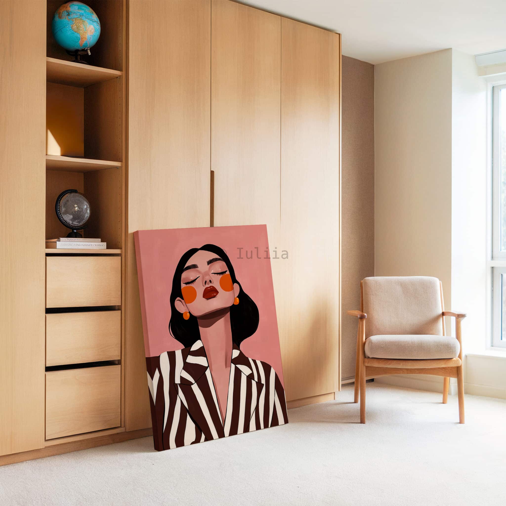 Striped Blazer Woman Canvas, Retro Fashion Portrait, Warm Neutral Wall Art, Chic Dressing Room Decor - photo #3