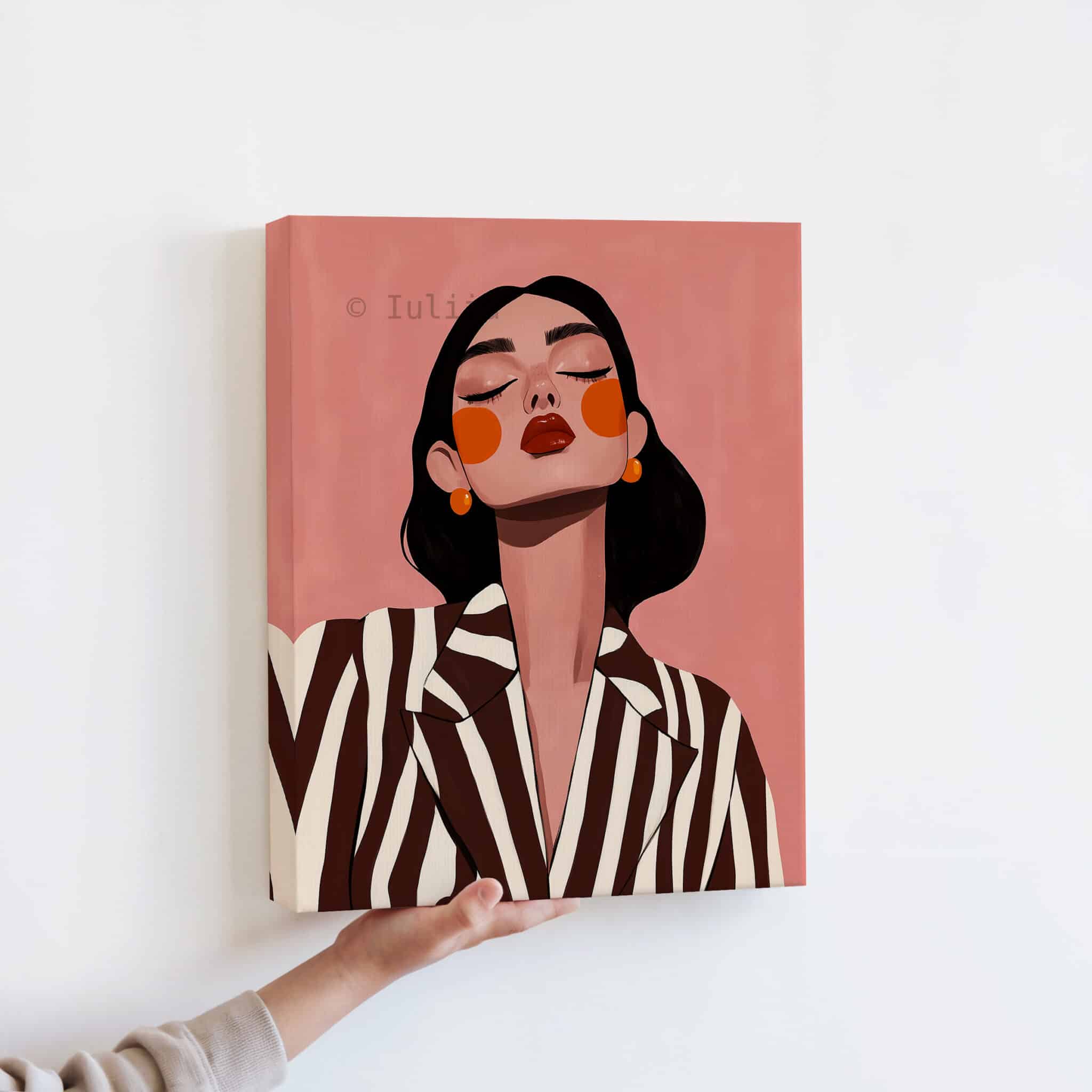 Striped Blazer Woman Canvas, Retro Fashion Portrait, Warm Neutral Wall Art, Chic Dressing Room Decor - photo #12