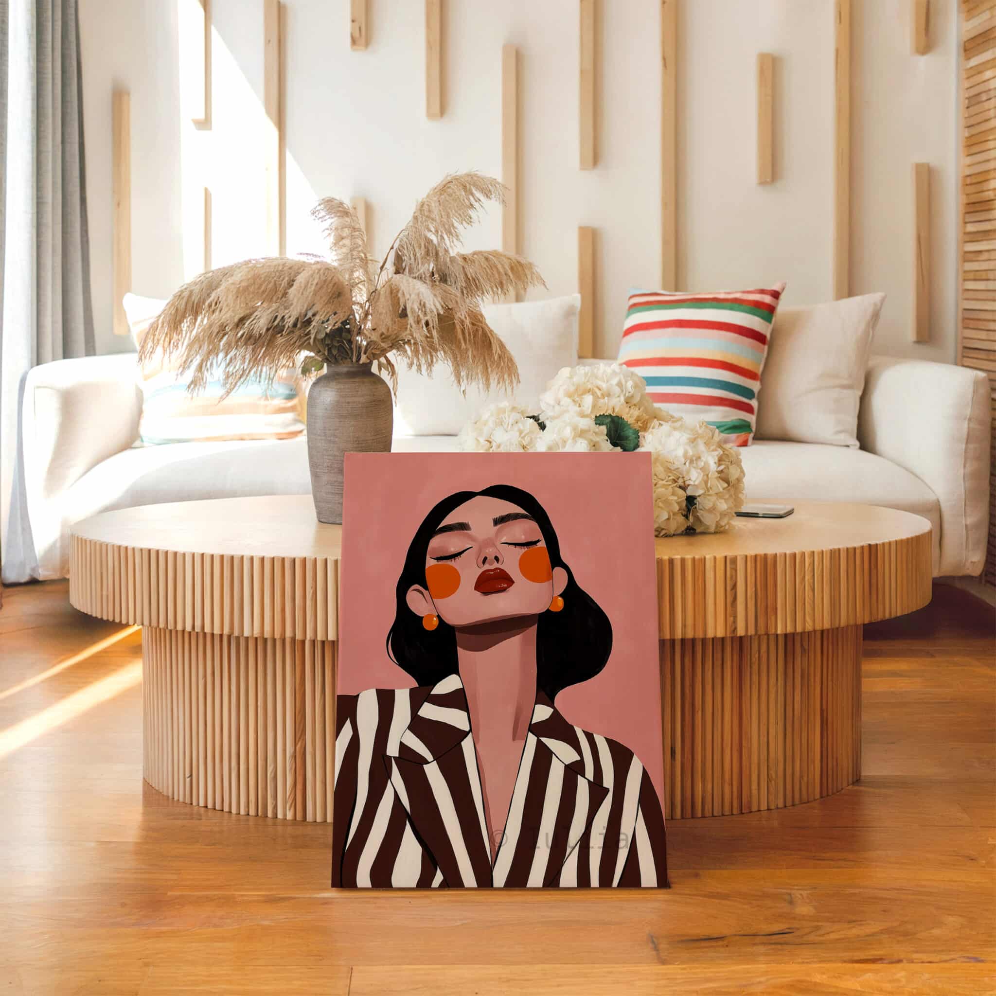 Striped Blazer Woman Canvas, Retro Fashion Portrait, Warm Neutral Wall Art, Chic Dressing Room Decor - photo #13