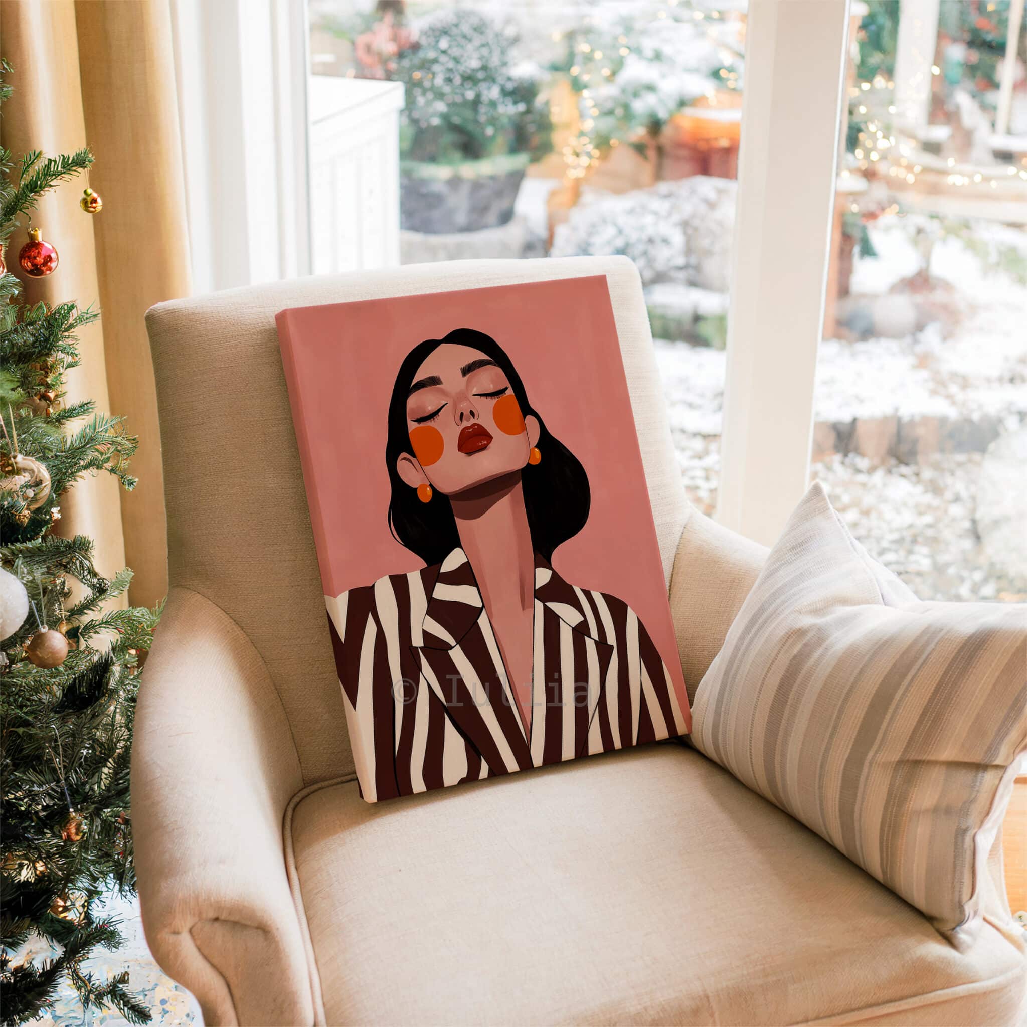 Striped Blazer Woman Canvas, Retro Fashion Portrait, Warm Neutral Wall Art, Chic Dressing Room Decor - photo #15