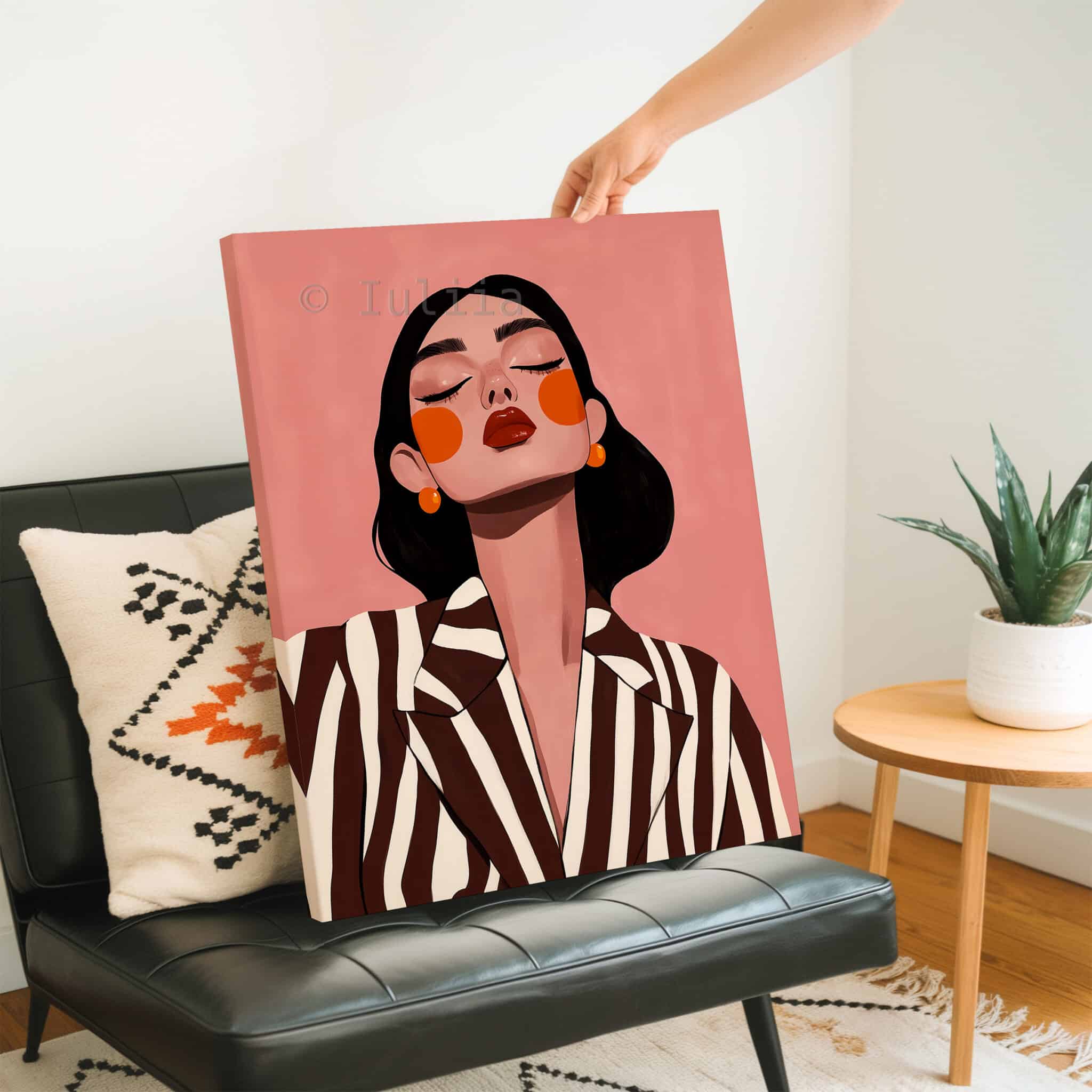 Striped Blazer Woman Canvas, Retro Fashion Portrait, Warm Neutral Wall Art, Chic Dressing Room Decor - photo #2