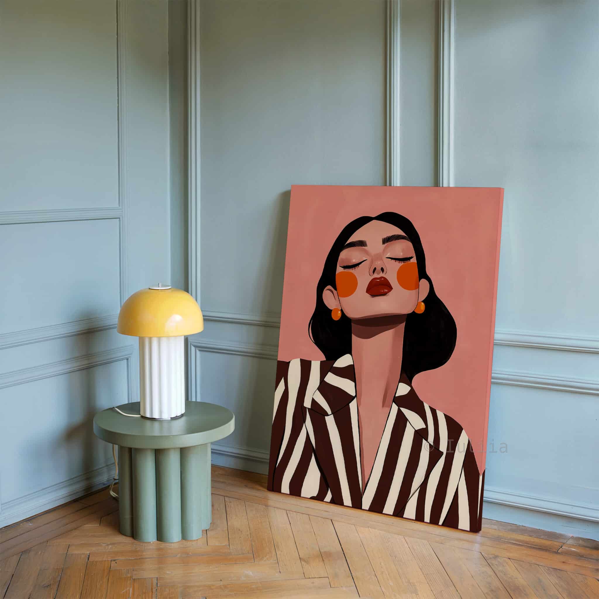 Striped Blazer Woman Canvas, Retro Fashion Portrait, Warm Neutral Wall Art, Chic Dressing Room Decor - photo #16