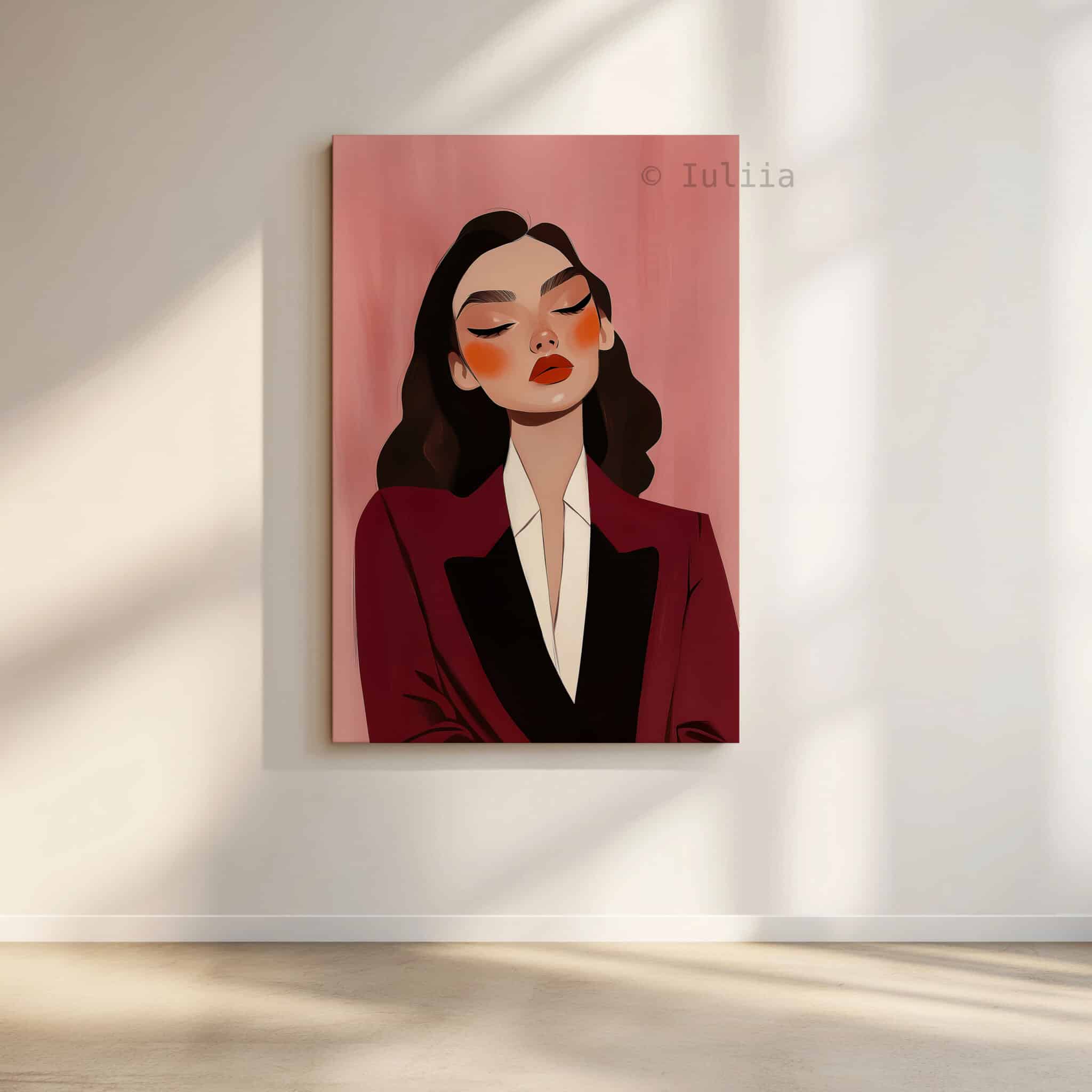 Burgundy Portrait Canvas, Elegant Woman in Tuxedo, Refined Fashion Wall Art, Sophisticated Dressing Room Accent
