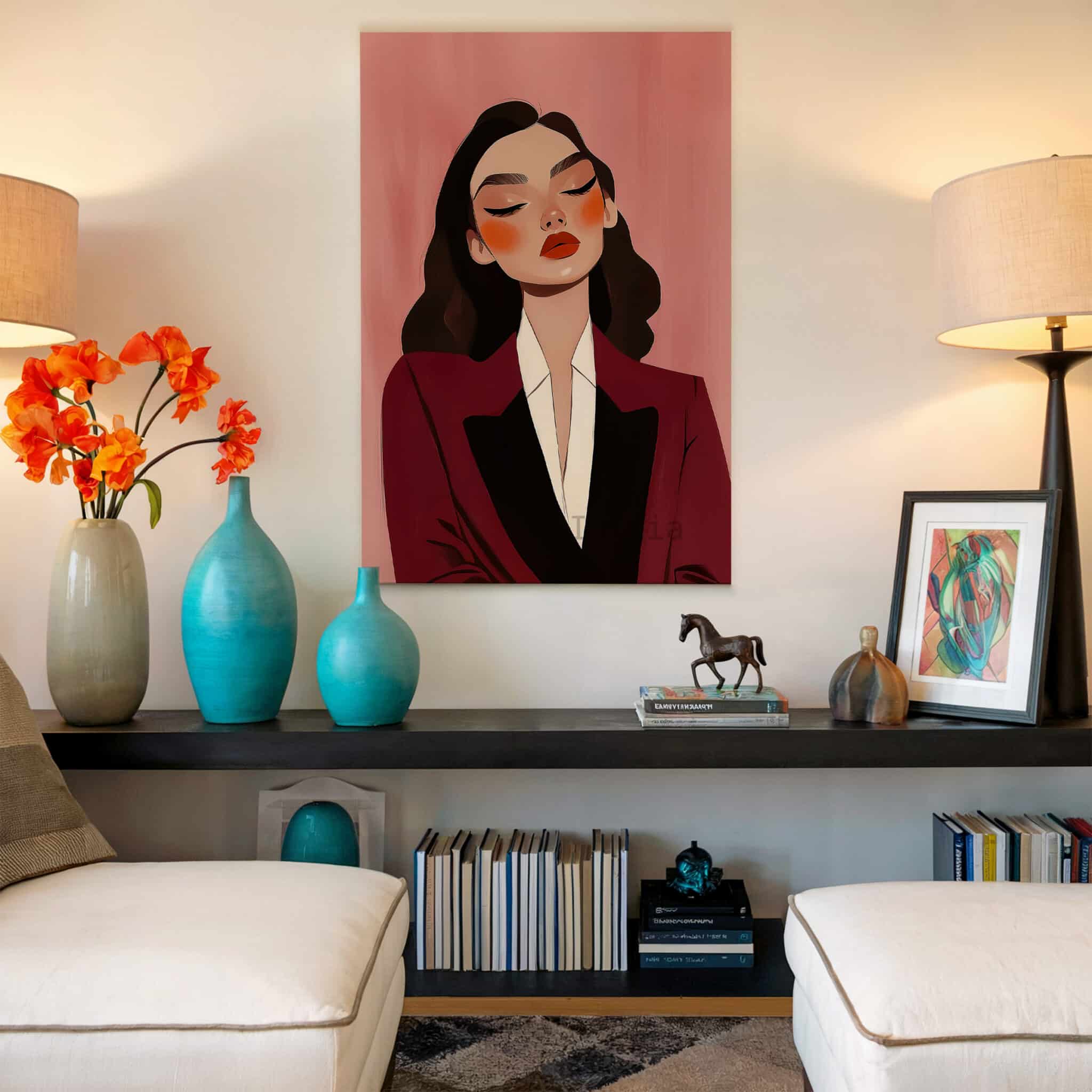 Burgundy Portrait Canvas, Elegant Woman in Tuxedo, Refined Fashion Wall Art, Sophisticated Dressing Room Accent - photo #17