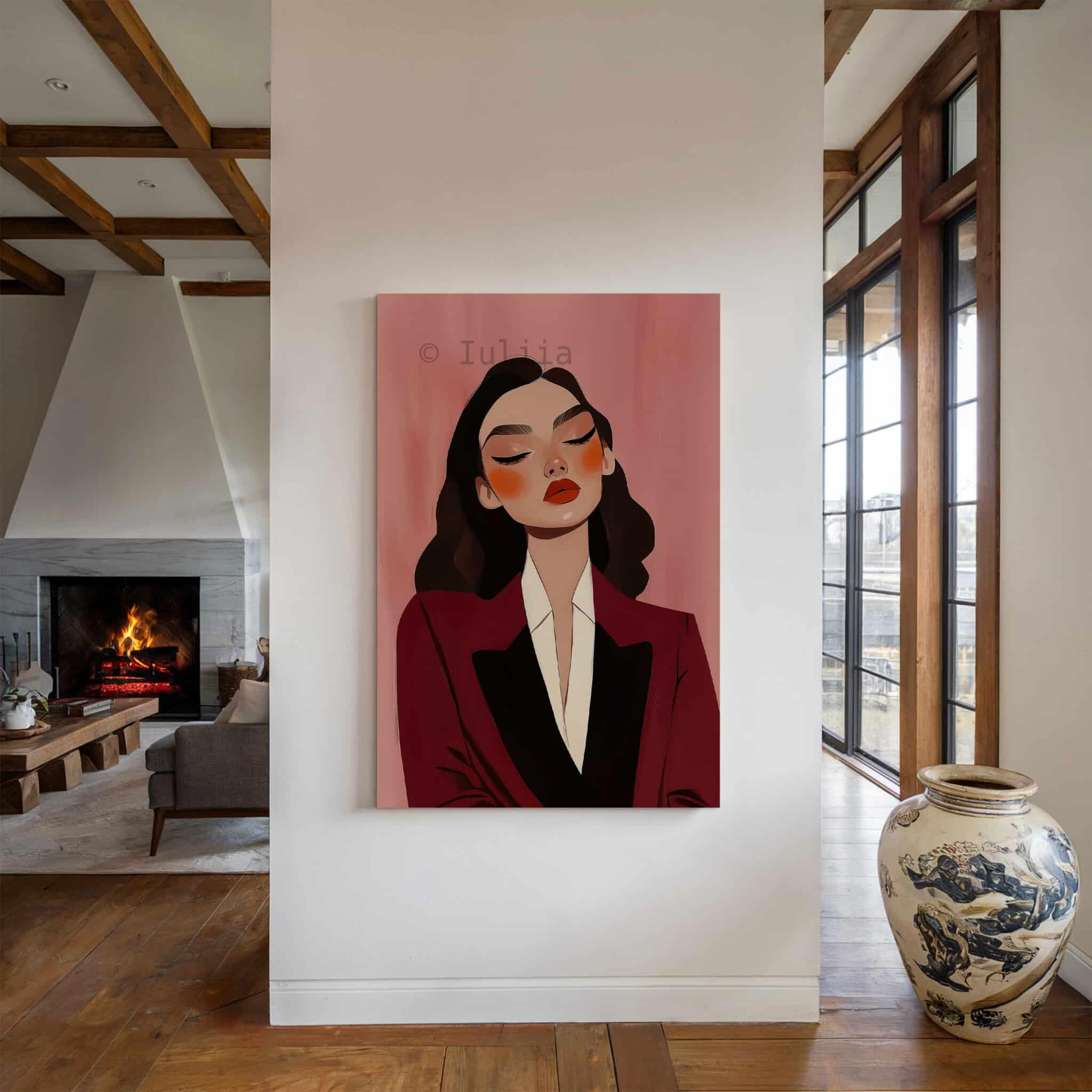 Burgundy Portrait Canvas, Elegant Woman in Tuxedo, Refined Fashion Wall Art, Sophisticated Dressing Room Accent - photo #4