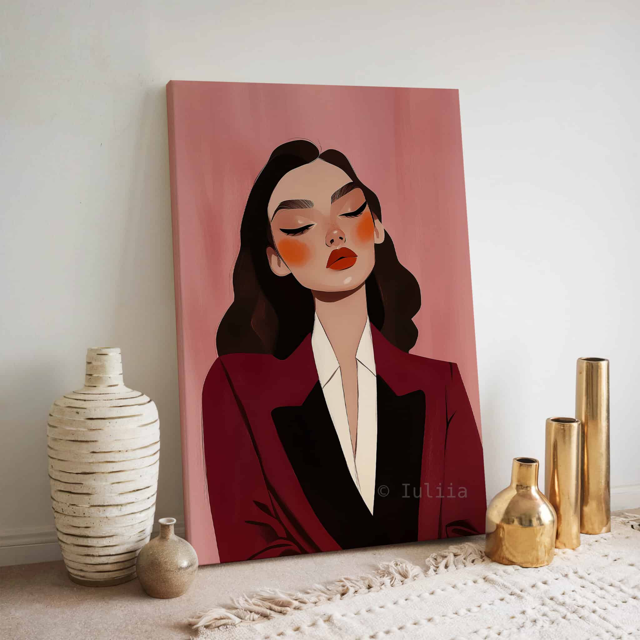 Burgundy Portrait Canvas, Elegant Woman in Tuxedo, Refined Fashion Wall Art, Sophisticated Dressing Room Accent - photo #6