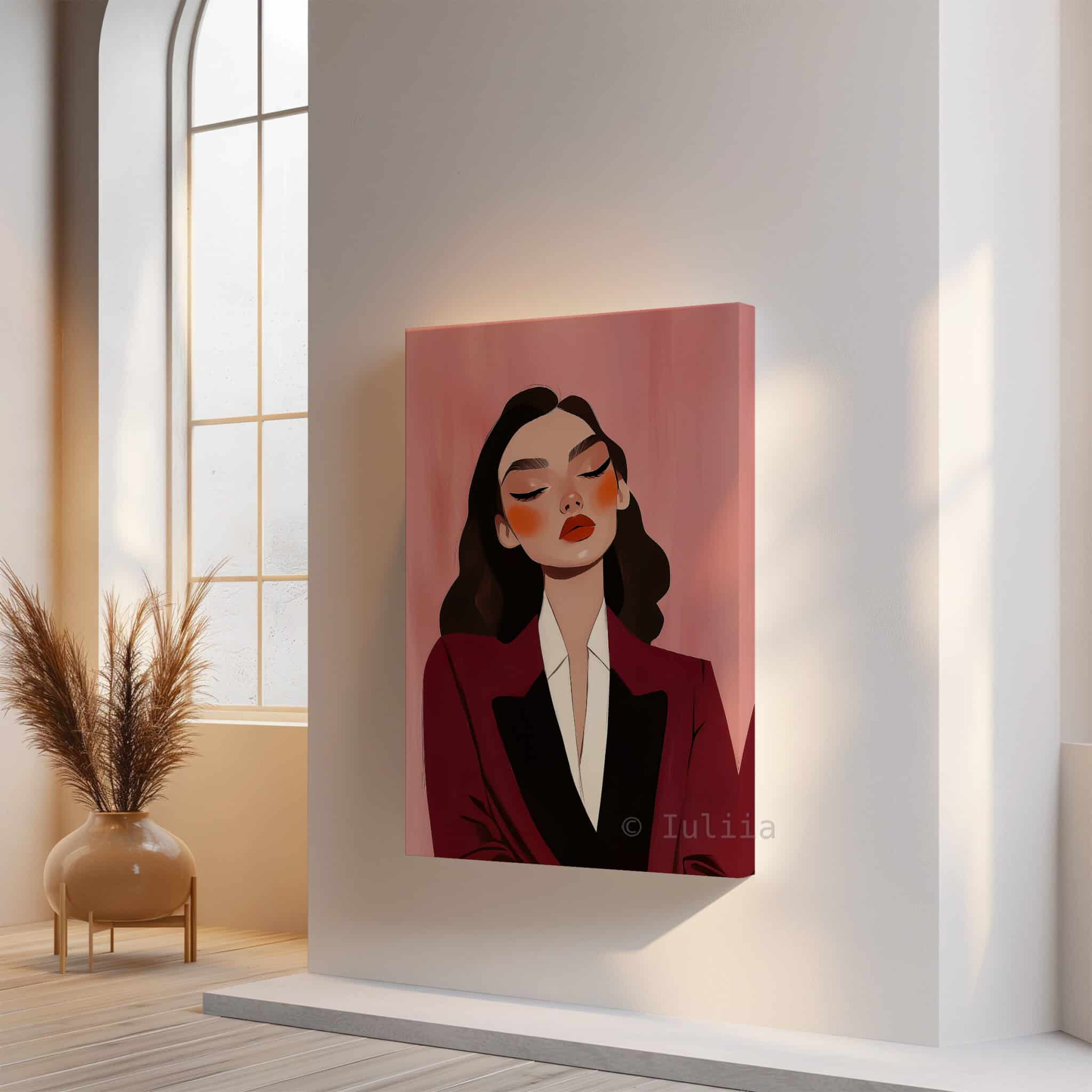 Burgundy Portrait Canvas, Elegant Woman in Tuxedo, Refined Fashion Wall Art, Sophisticated Dressing Room Accent - photo #14