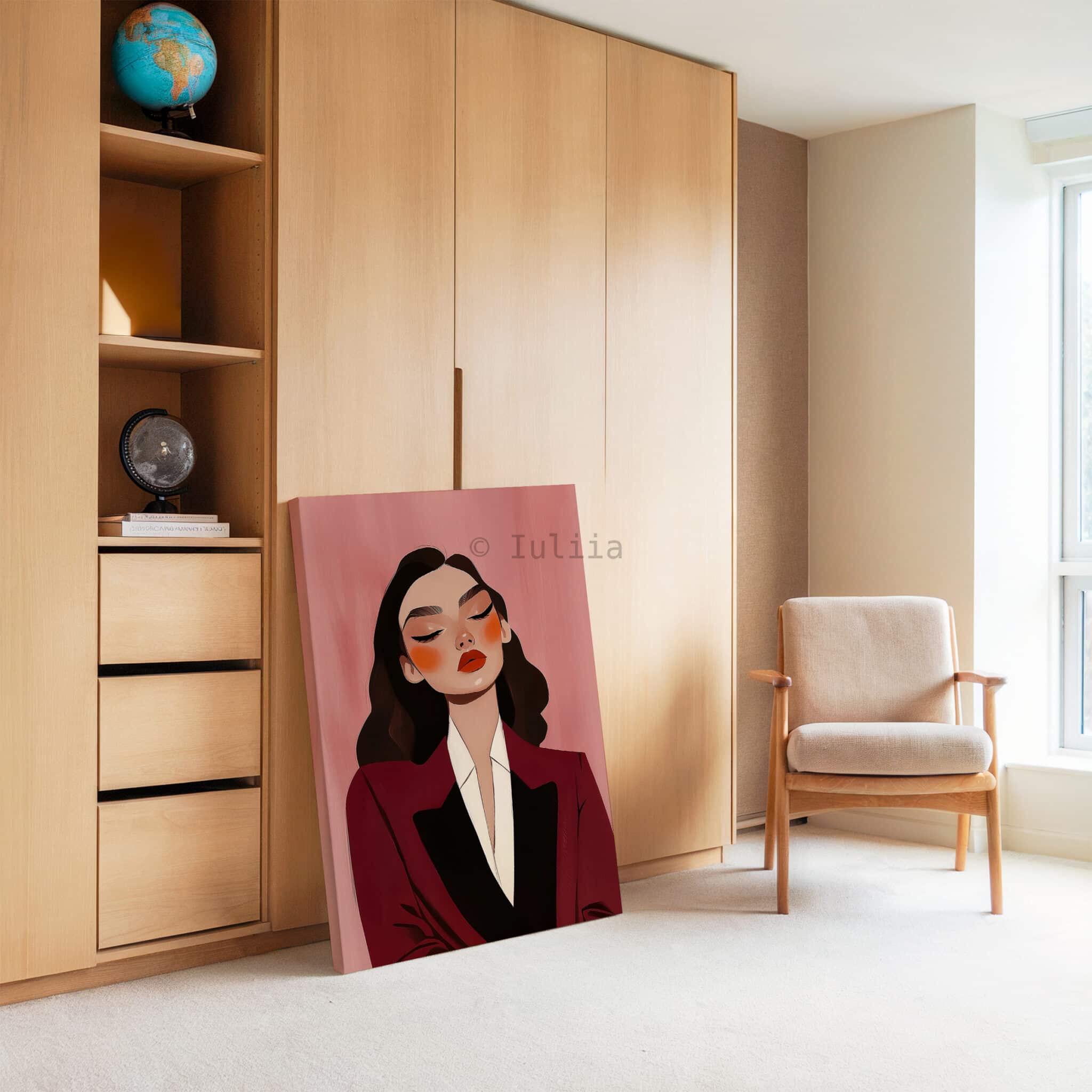 Burgundy Portrait Canvas, Elegant Woman in Tuxedo, Refined Fashion Wall Art, Sophisticated Dressing Room Accent - photo #3