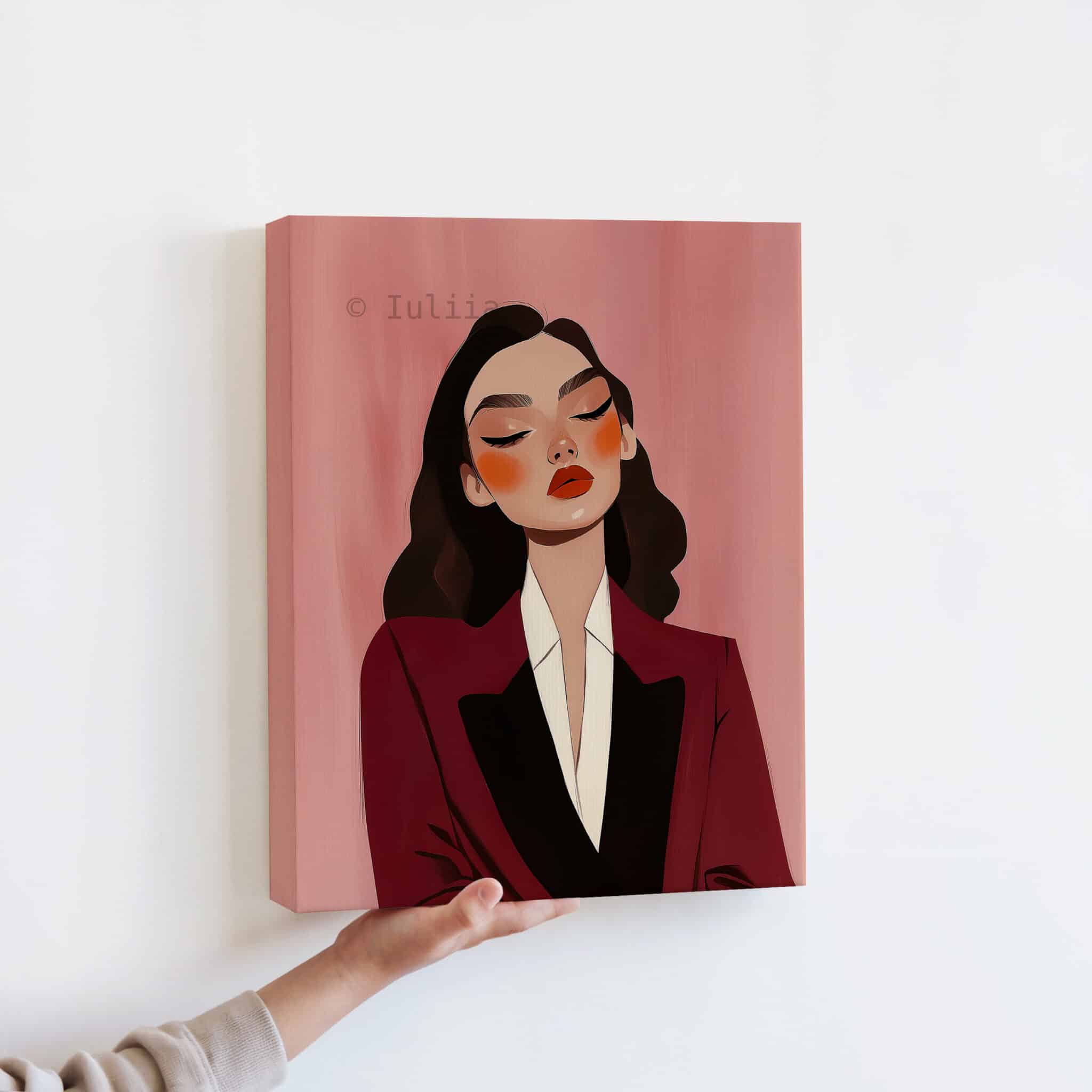 Burgundy Portrait Canvas, Elegant Woman in Tuxedo, Refined Fashion Wall Art, Sophisticated Dressing Room Accent - photo #12