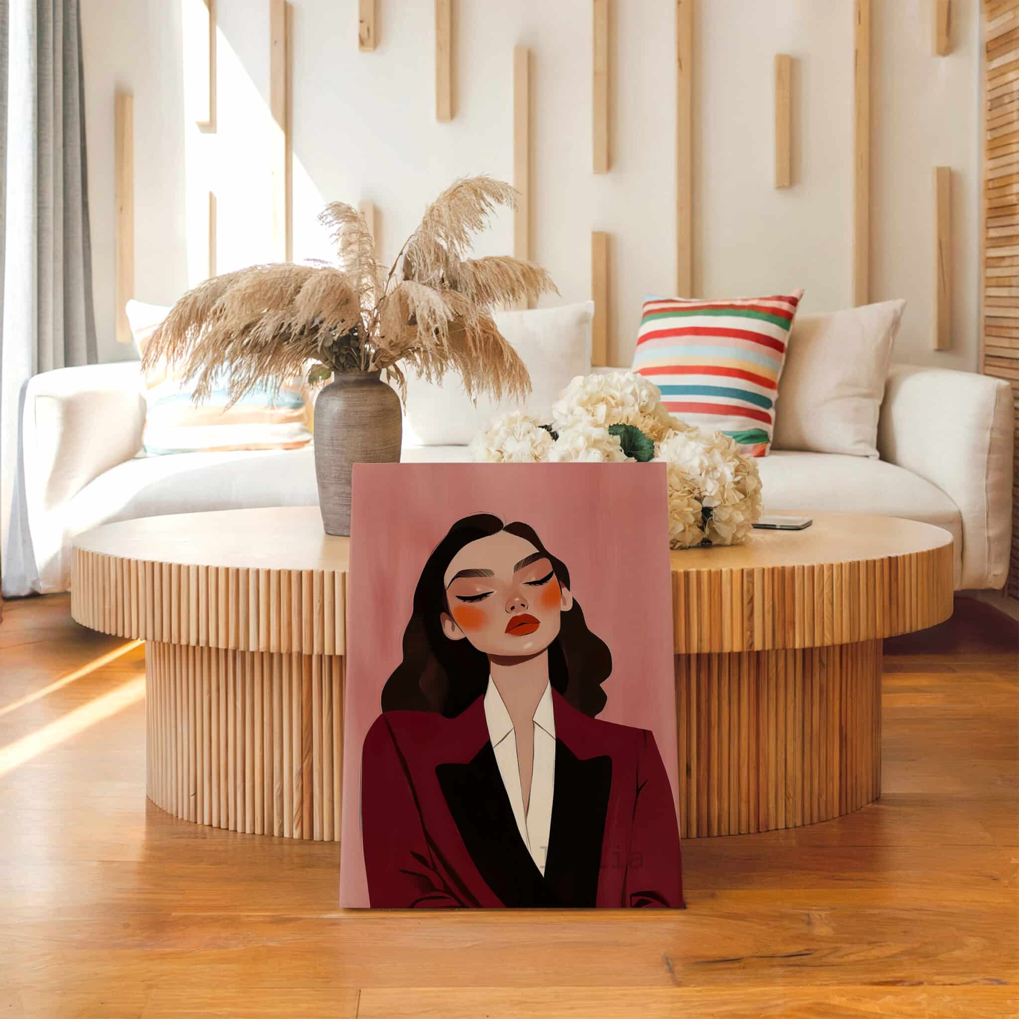 Burgundy Portrait Canvas, Elegant Woman in Tuxedo, Refined Fashion Wall Art, Sophisticated Dressing Room Accent - photo #13