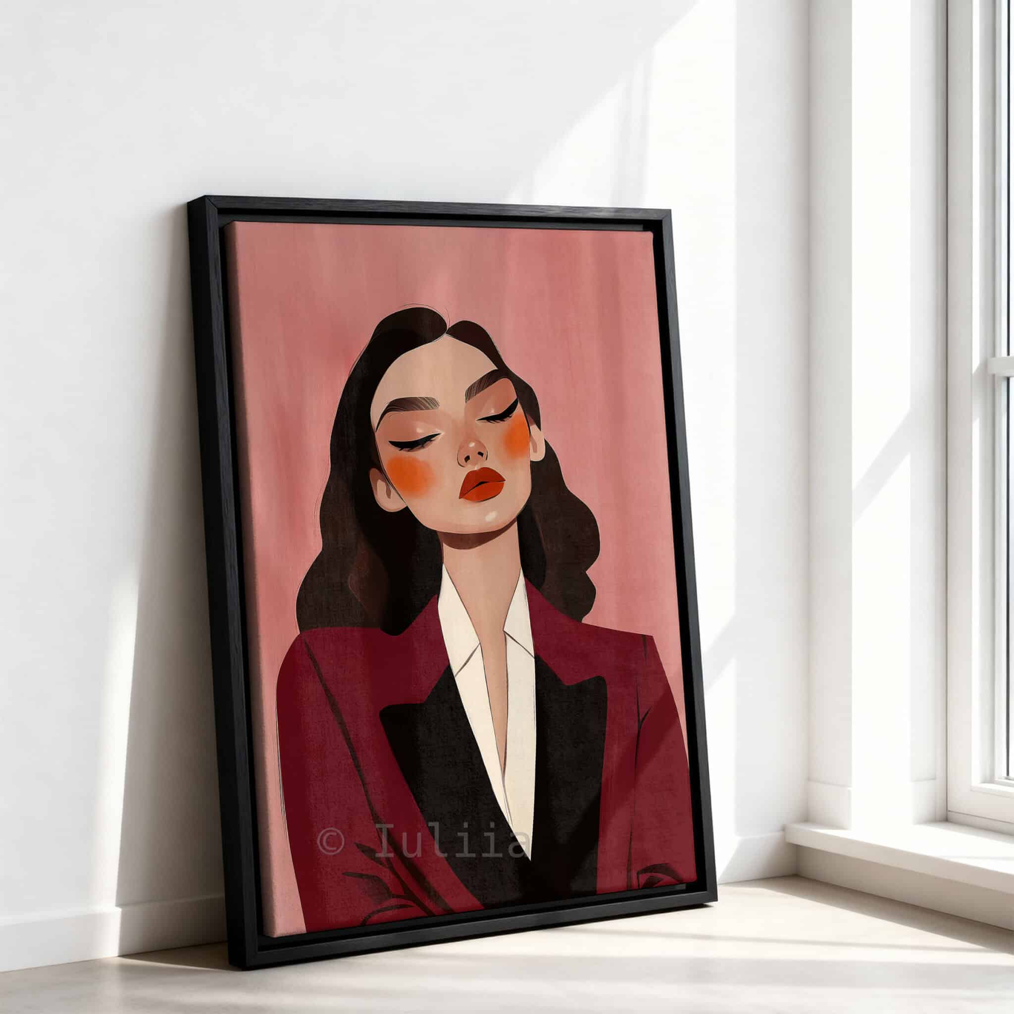 Burgundy Portrait Canvas, Elegant Woman in Tuxedo, Refined Fashion Wall Art, Sophisticated Dressing Room Accent - photo #10