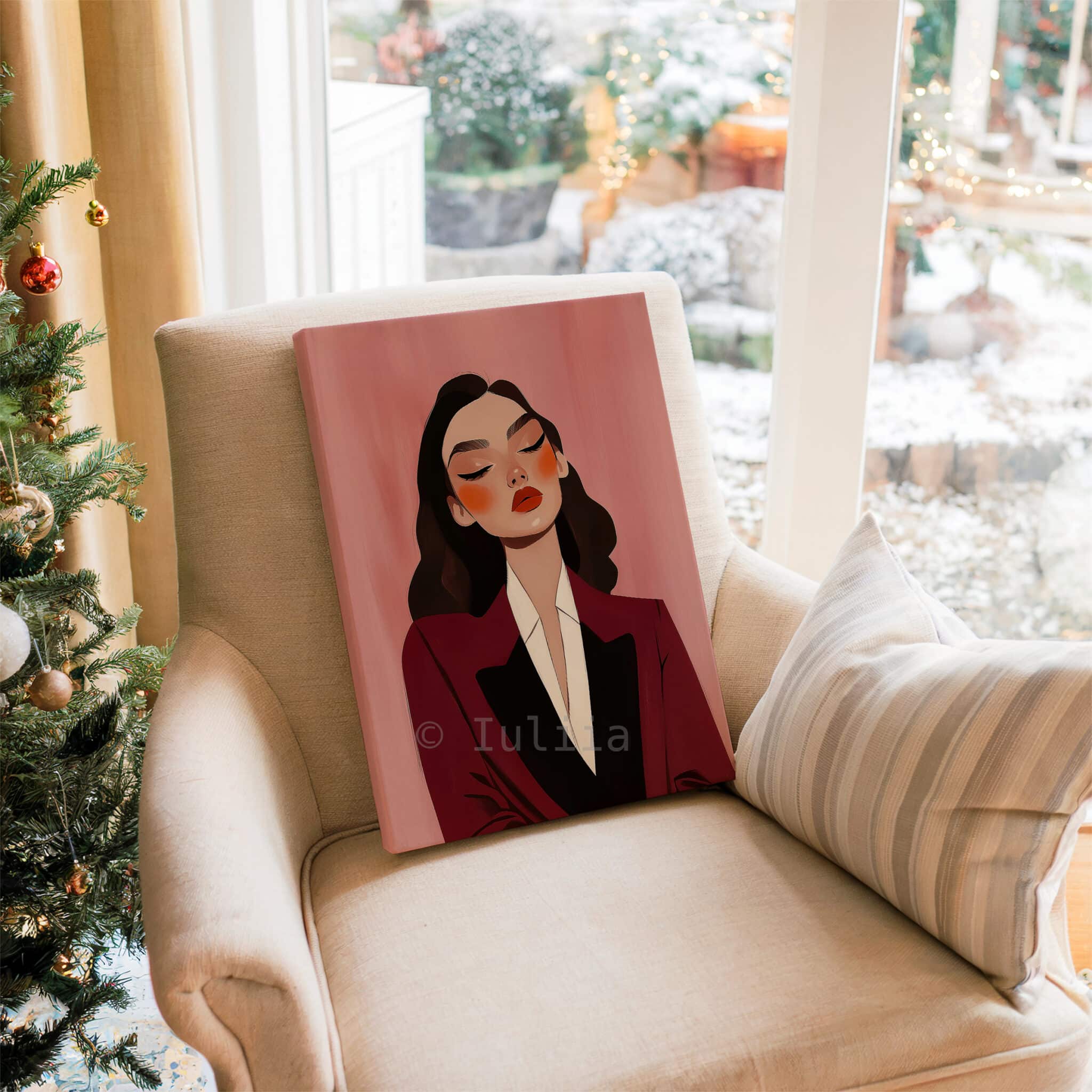 Burgundy Portrait Canvas, Elegant Woman in Tuxedo, Refined Fashion Wall Art, Sophisticated Dressing Room Accent - photo #15