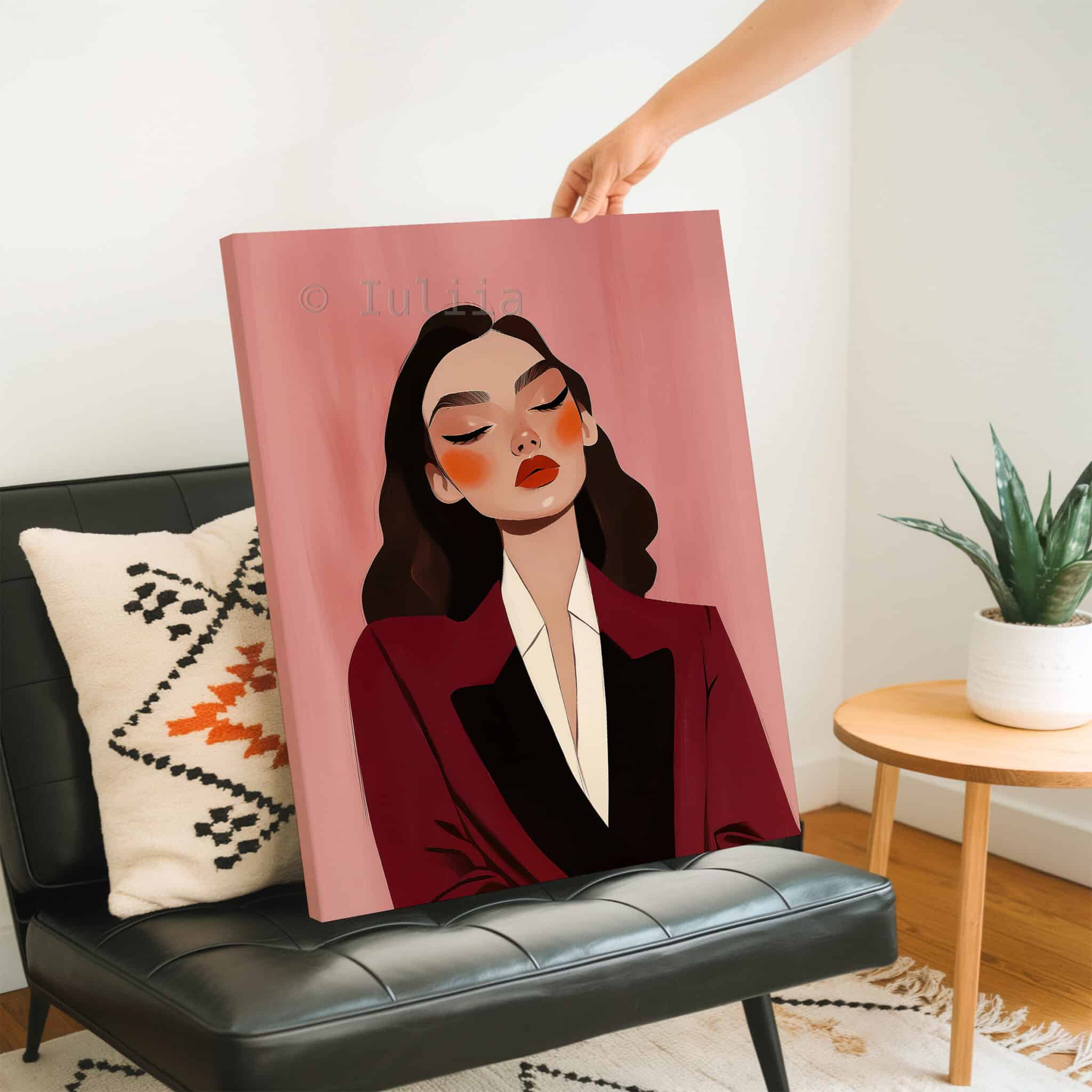 Burgundy Portrait Canvas, Elegant Woman in Tuxedo, Refined Fashion Wall Art, Sophisticated Dressing Room Accent - photo #2
