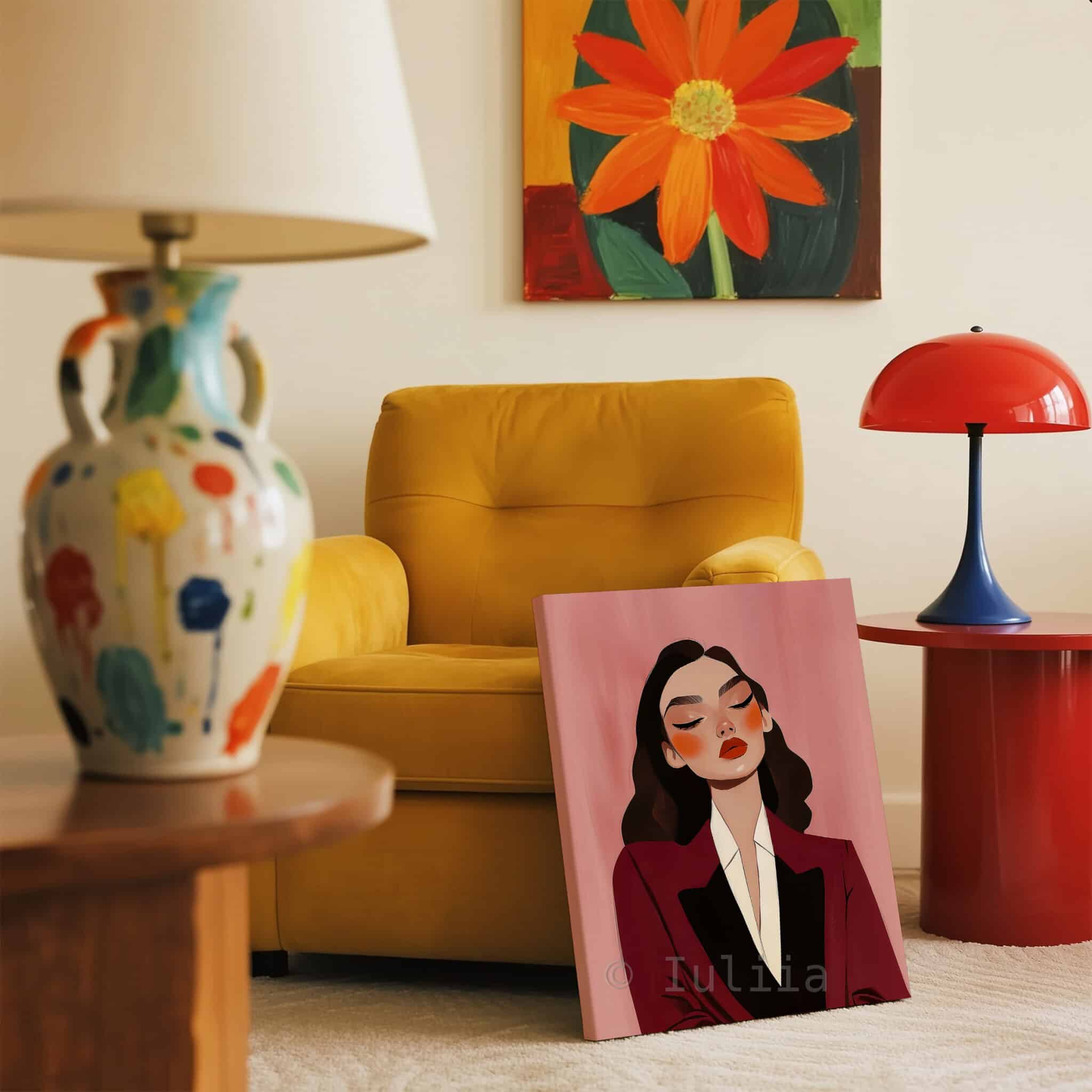 Burgundy Portrait Canvas, Elegant Woman in Tuxedo, Refined Fashion Wall Art, Sophisticated Dressing Room Accent - photo #11