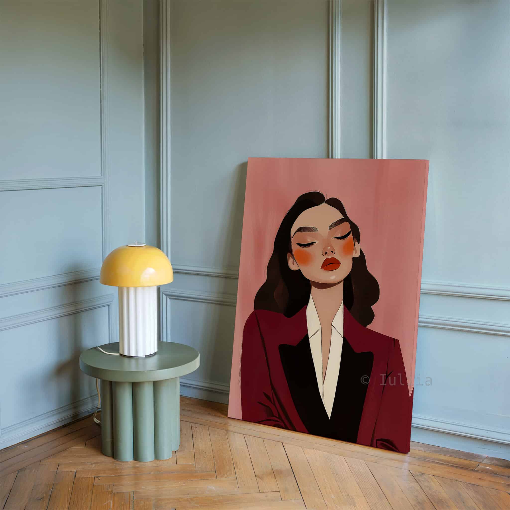 Burgundy Portrait Canvas, Elegant Woman in Tuxedo, Refined Fashion Wall Art, Sophisticated Dressing Room Accent - photo #16