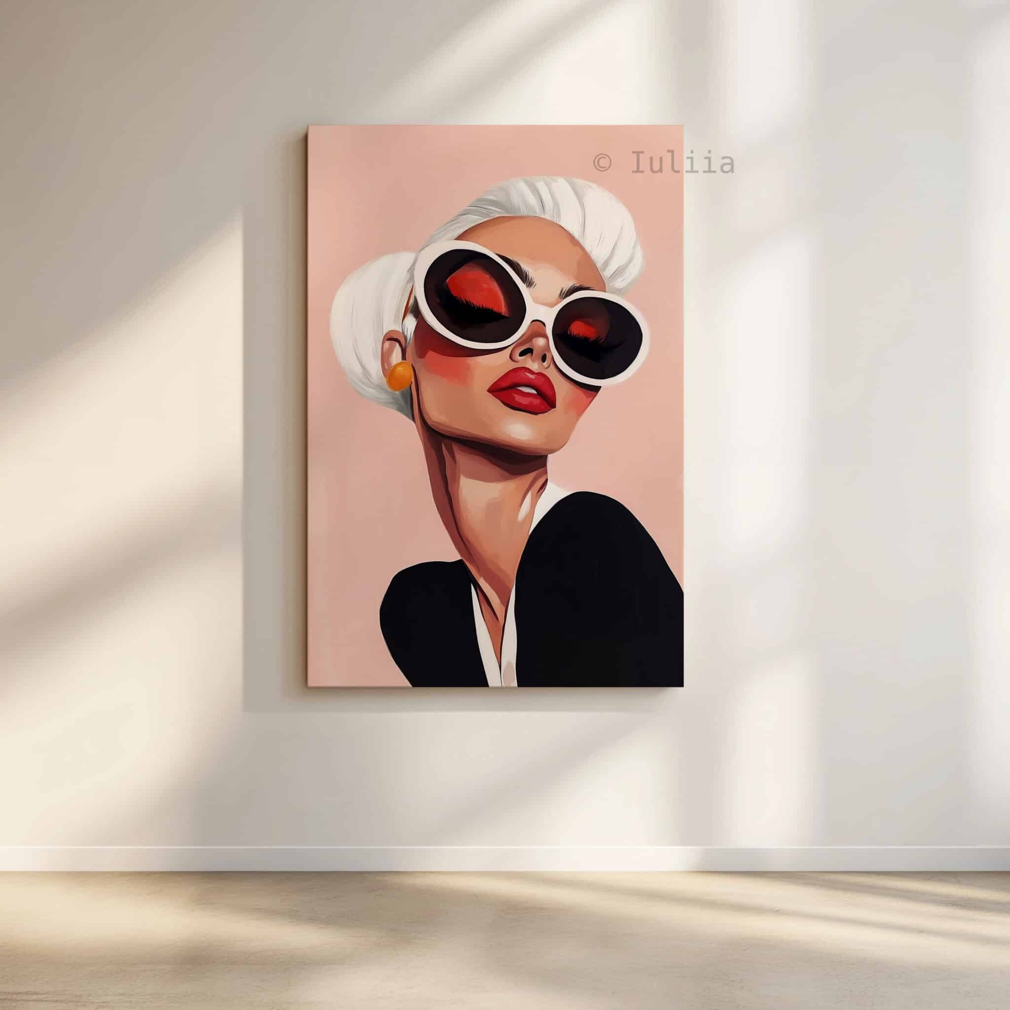 Statement Sunglasses Canvas, Glamorous Woman Portrait, Retro Fashion Wall Art, Chic Vanity and Dressing Room Decor