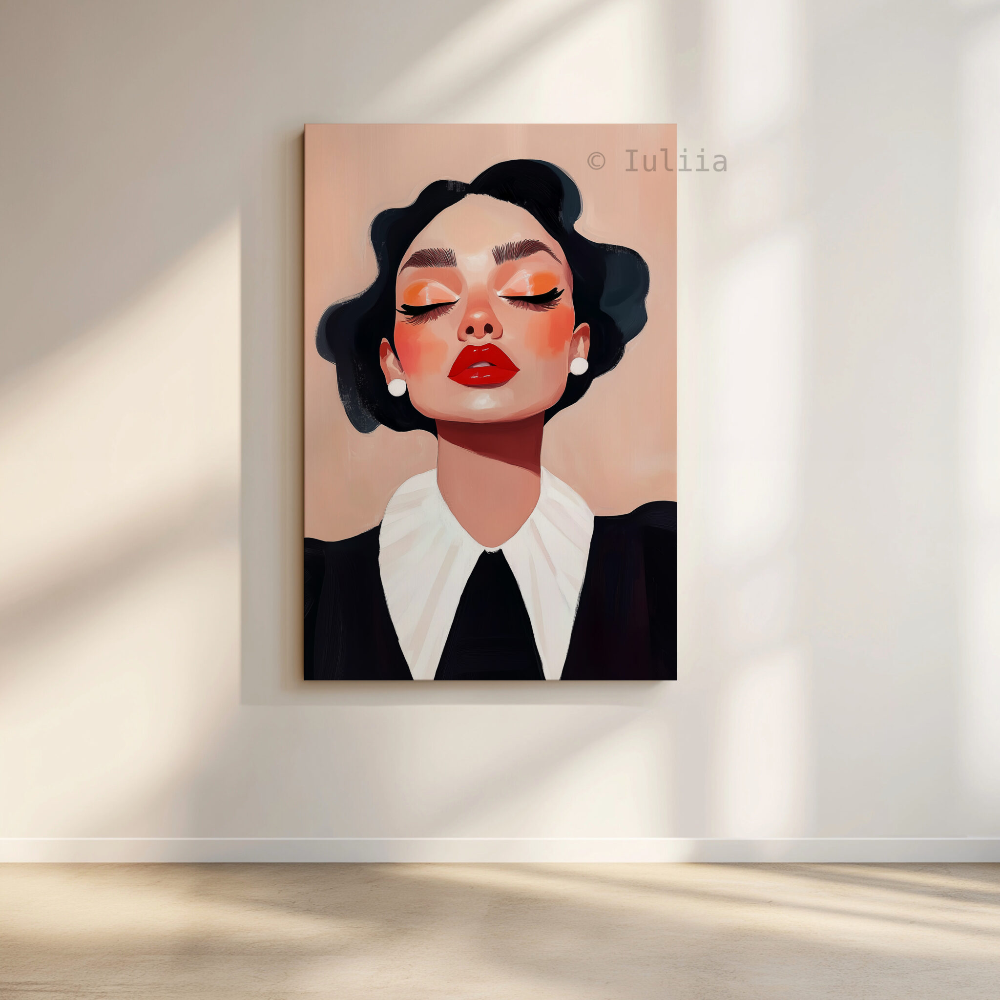 Classic Collar Woman Canvas, Retro Beauty Portrait, Black and White Fashion Wall Art, Refined Dressing Room Decor