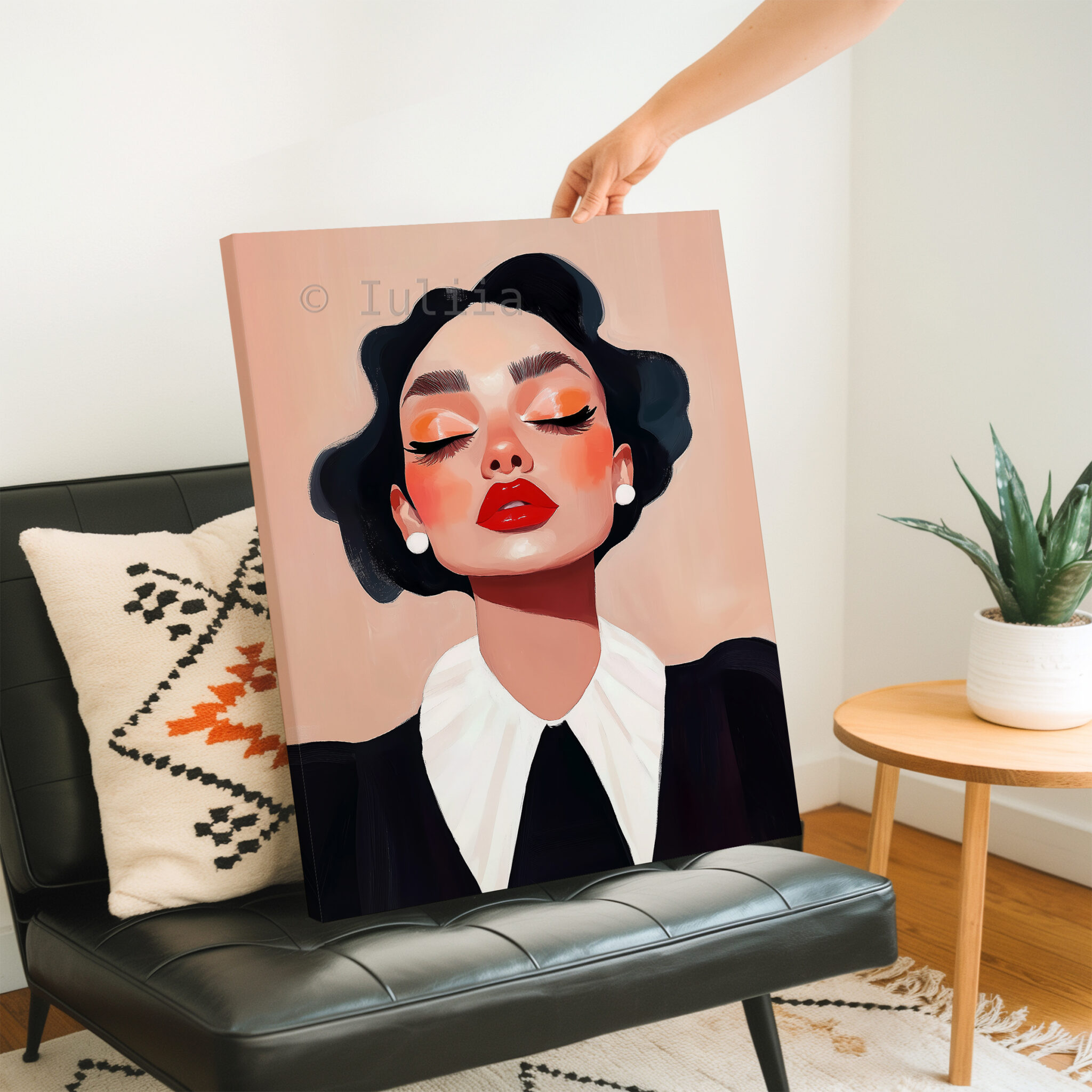 Classic Collar Woman Canvas, Retro Beauty Portrait, Black and White Fashion Wall Art, Refined Dressing Room Decor - photo #2
