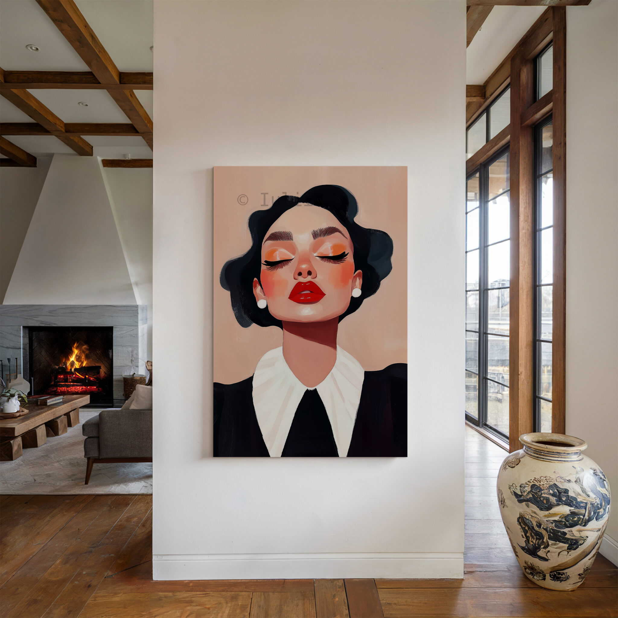 Classic Collar Woman Canvas, Retro Beauty Portrait, Black and White Fashion Wall Art, Refined Dressing Room Decor - photo #4