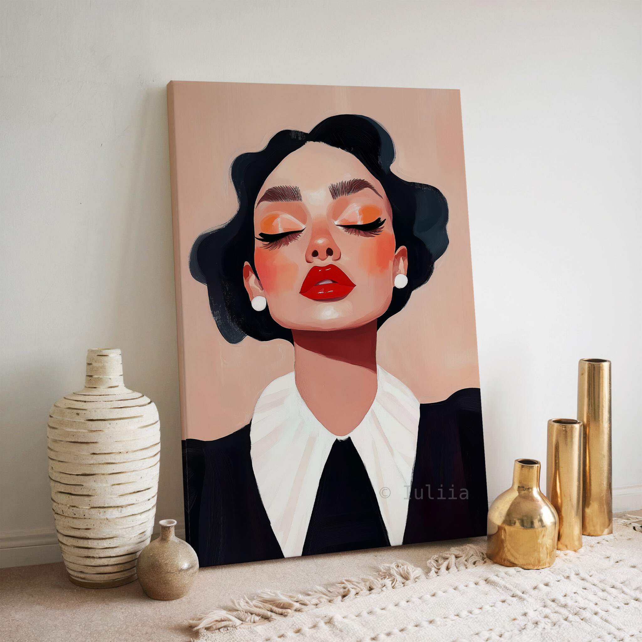 Classic Collar Woman Canvas, Retro Beauty Portrait, Black and White Fashion Wall Art, Refined Dressing Room Decor - photo #6