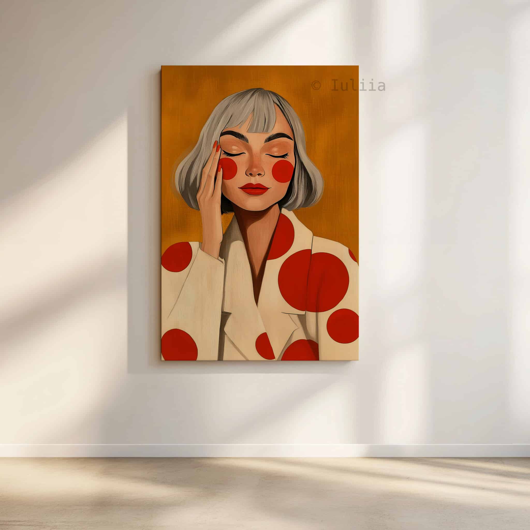 Stylish Woman Art With Polka Dots, Retro Portrait in Ochre and Red, Modern Bedroom Decor