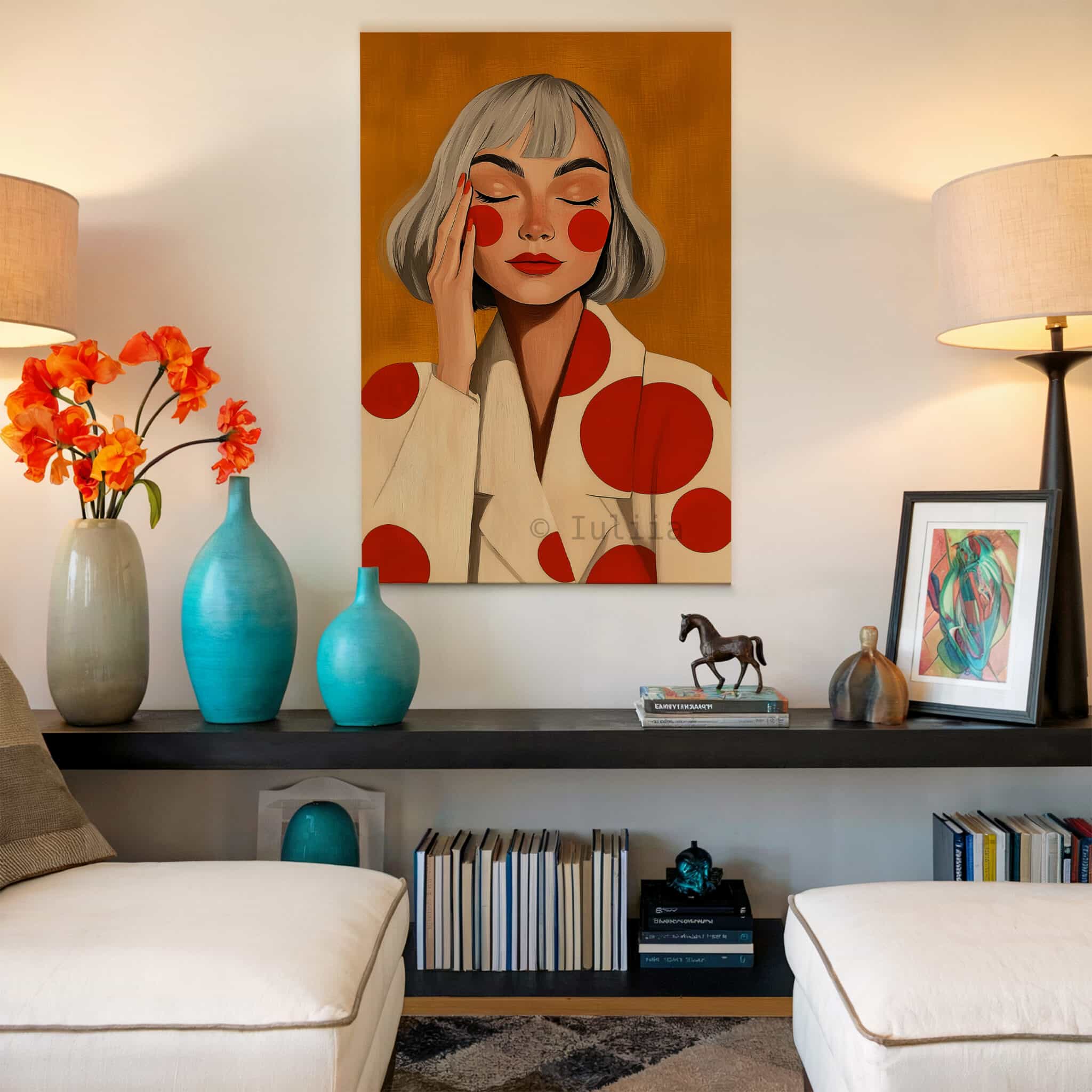 Stylish Woman Art With Polka Dots, Retro Portrait in Ochre and Red, Modern Bedroom Decor - photo #17