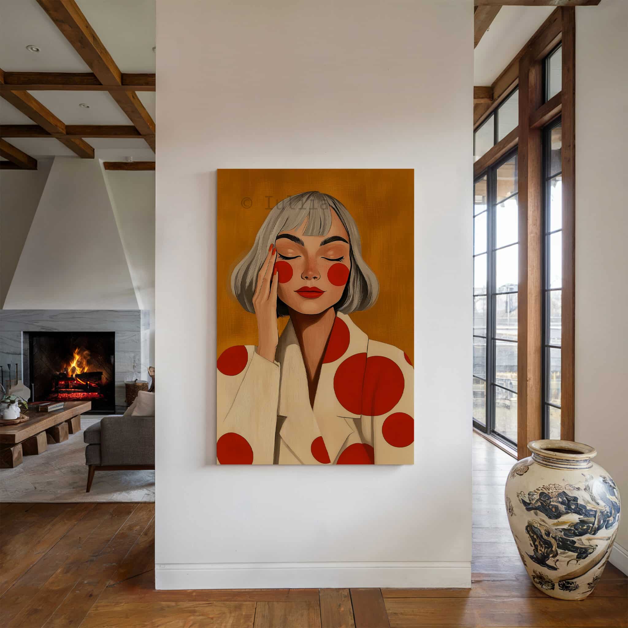 Stylish Woman Art With Polka Dots, Retro Portrait in Ochre and Red, Modern Bedroom Decor - photo #4