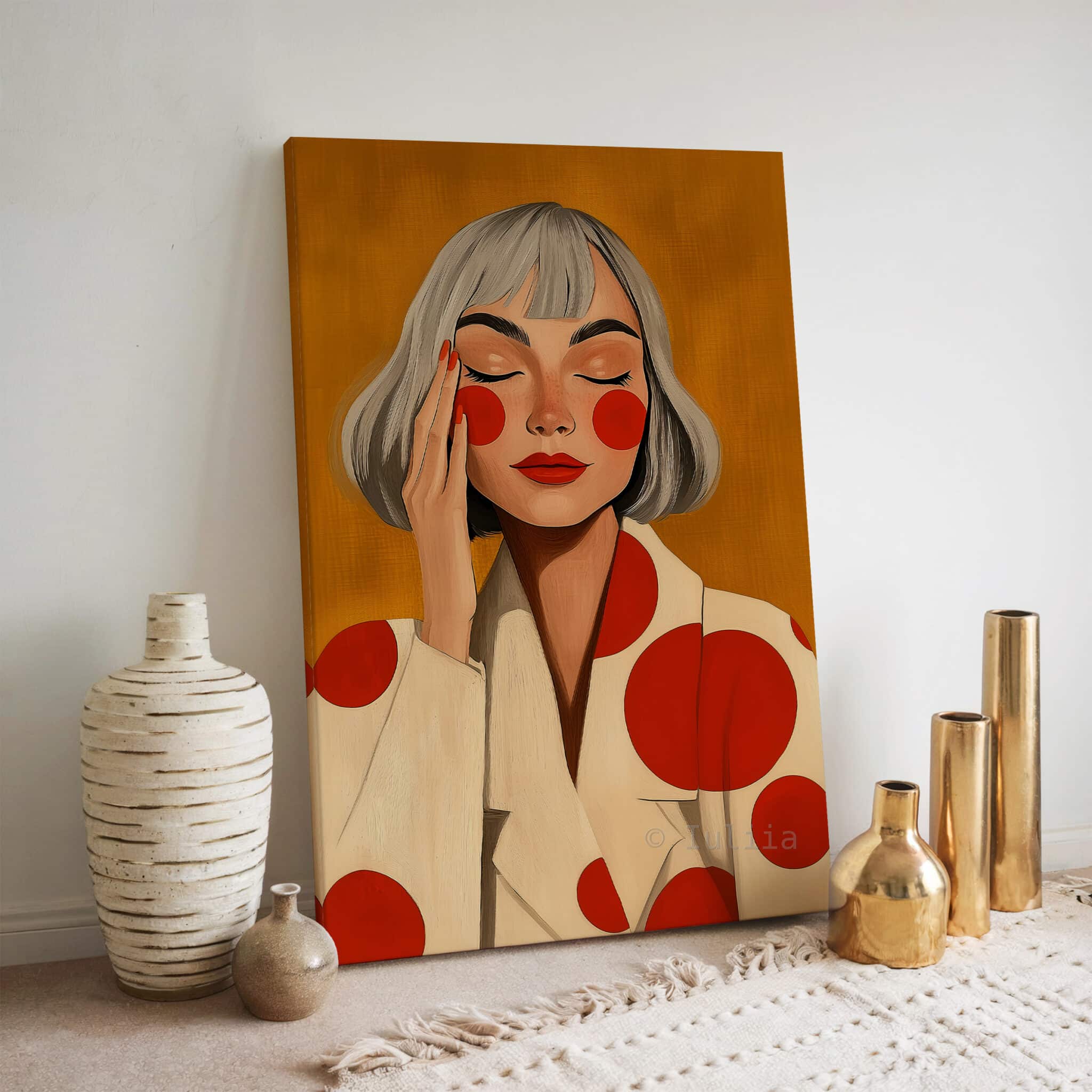 Stylish Woman Art With Polka Dots, Retro Portrait in Ochre and Red, Modern Bedroom Decor - photo #6