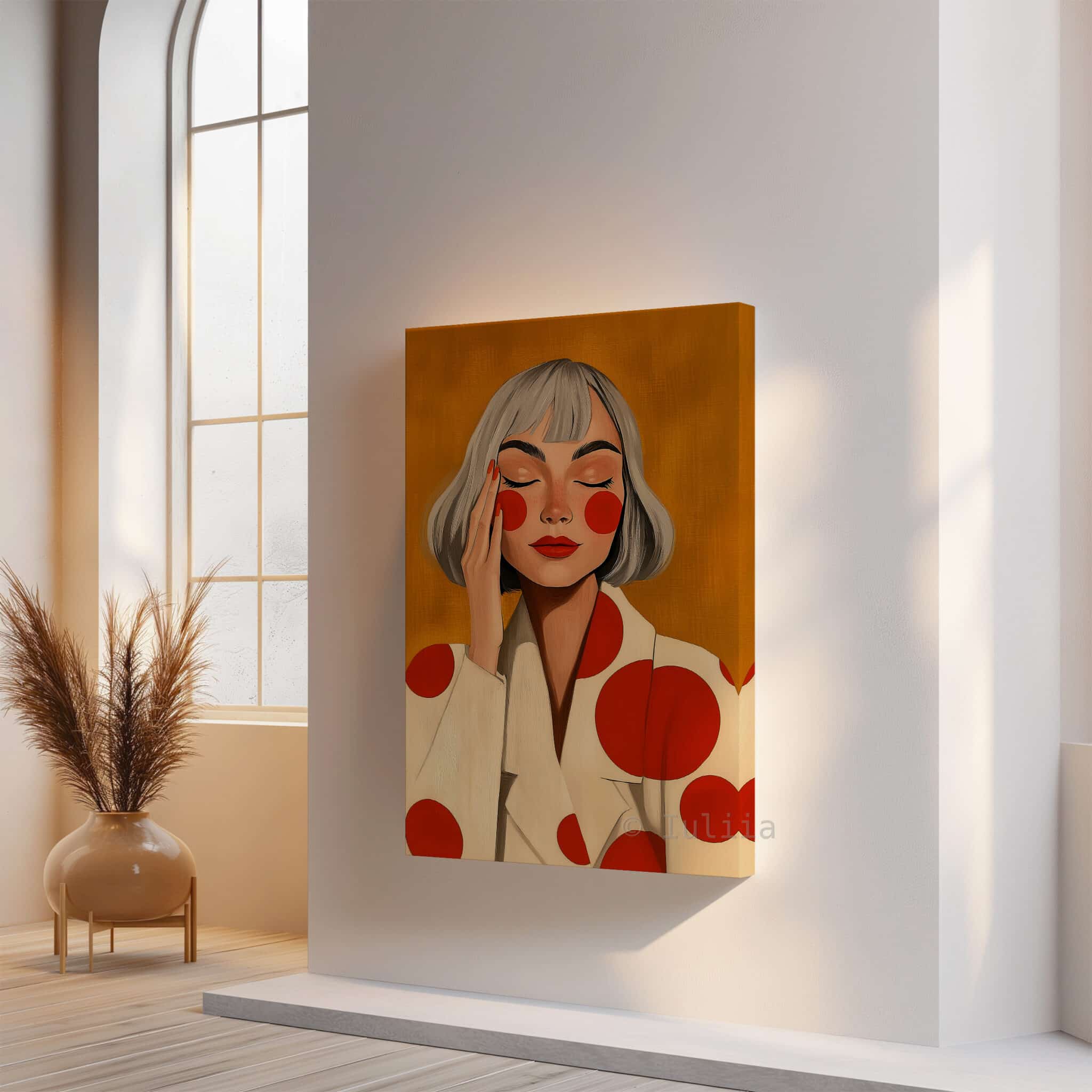 Stylish Woman Art With Polka Dots, Retro Portrait in Ochre and Red, Modern Bedroom Decor - photo #14