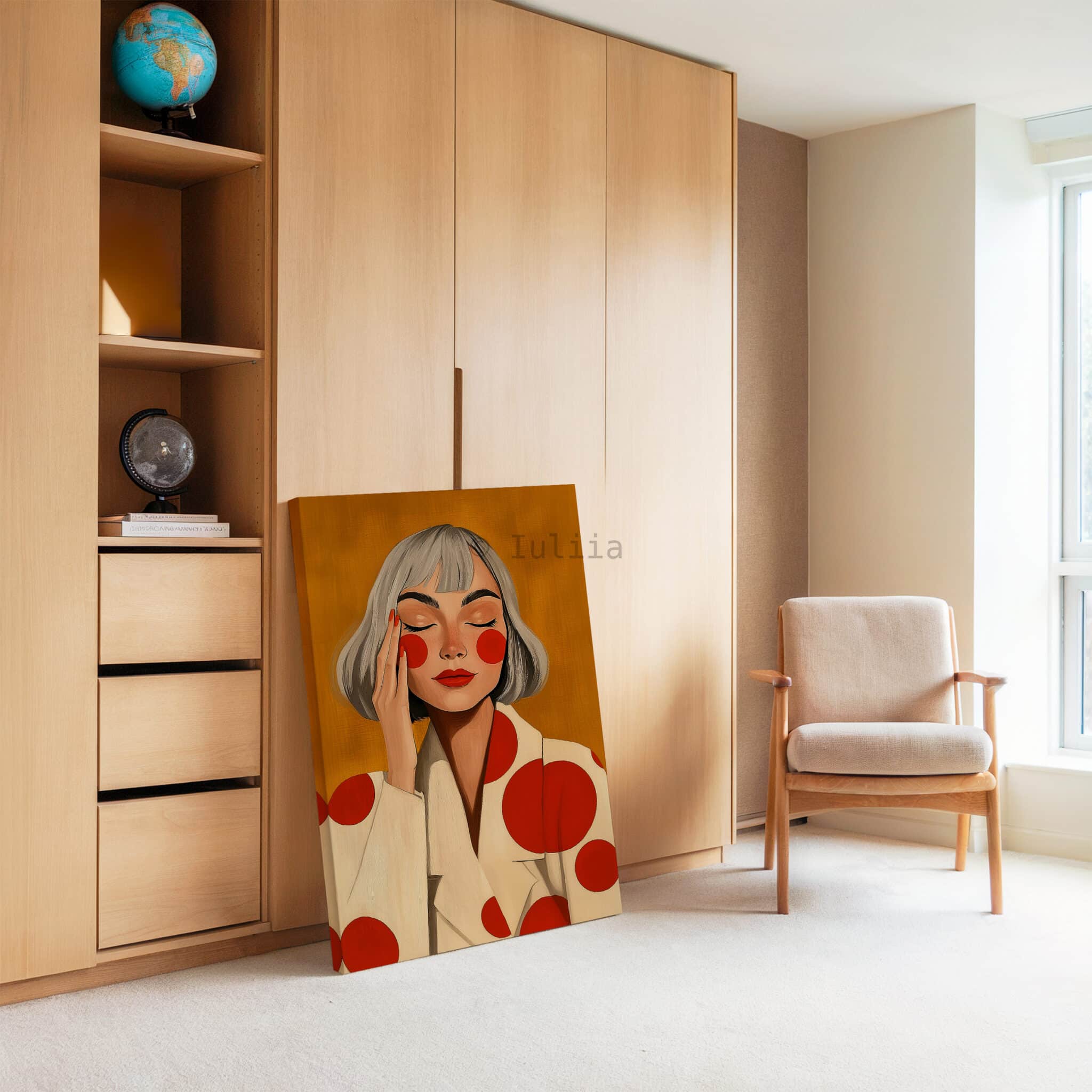 Stylish Woman Art With Polka Dots, Retro Portrait in Ochre and Red, Modern Bedroom Decor - photo #3