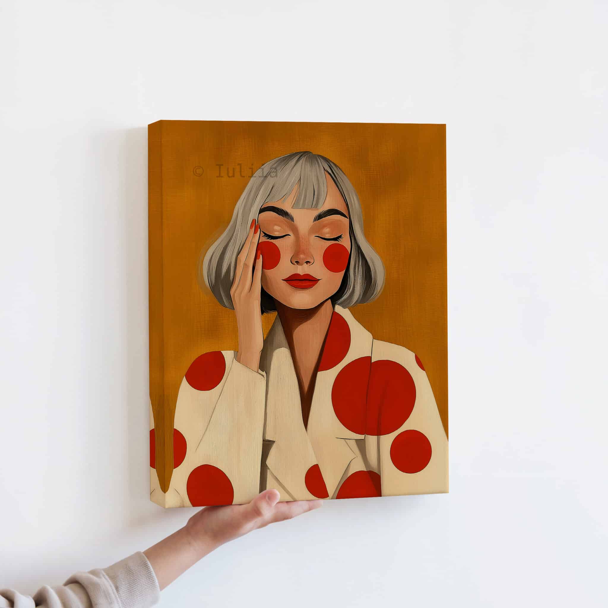Stylish Woman Art With Polka Dots, Retro Portrait in Ochre and Red, Modern Bedroom Decor - photo #12