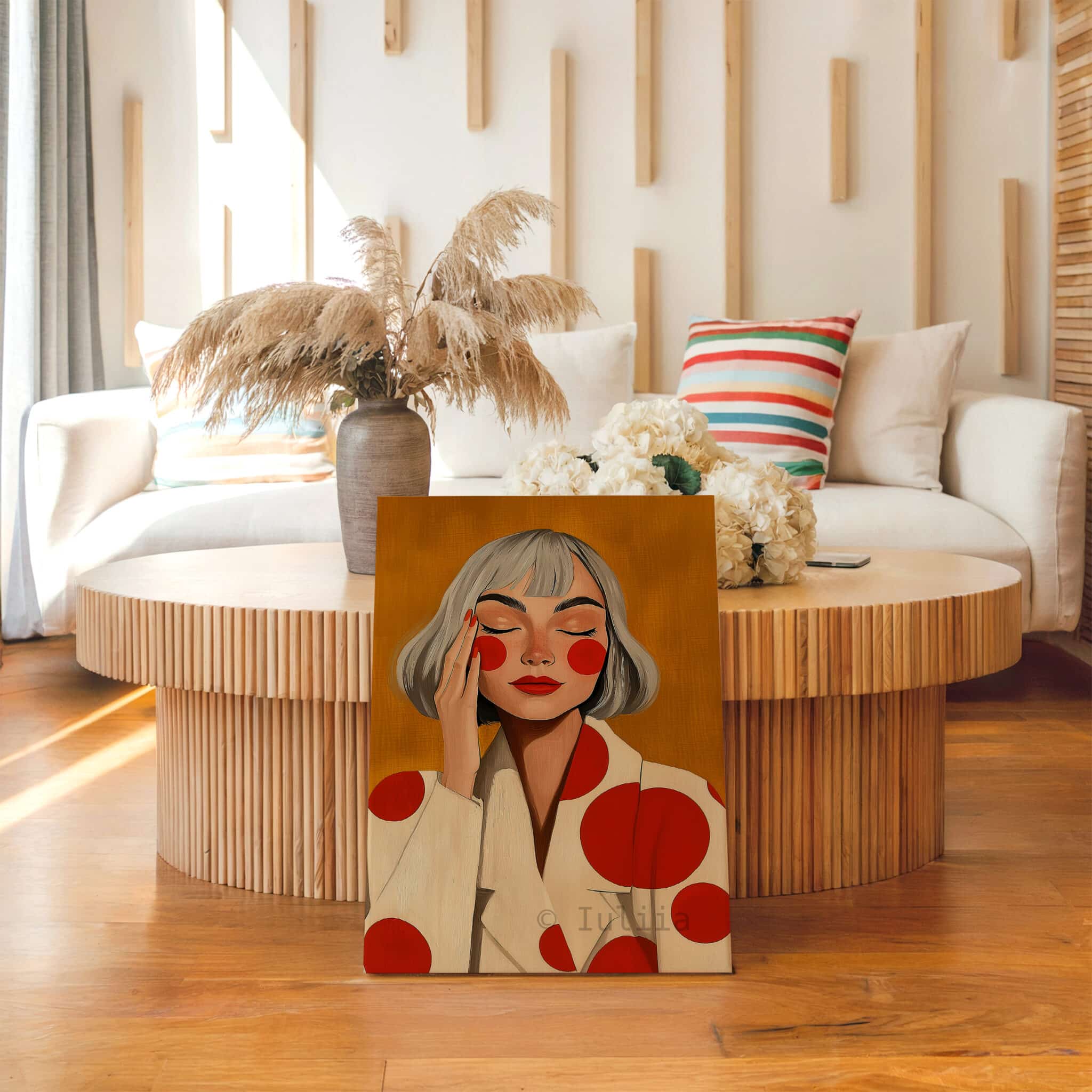 Stylish Woman Art With Polka Dots, Retro Portrait in Ochre and Red, Modern Bedroom Decor - photo #13