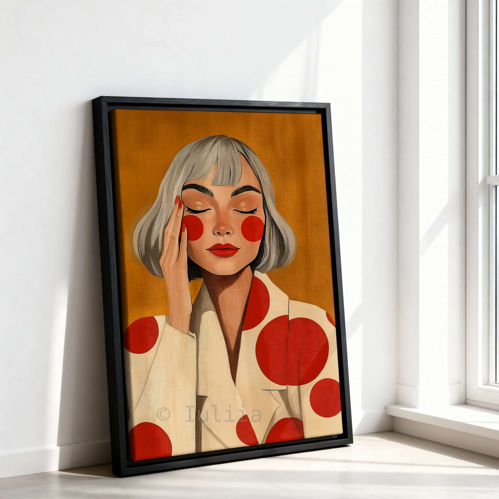 Stylish Woman Art With Polka Dots, Retro Portrait in Ochre and Red, Modern Bedroom Decor - photo #10