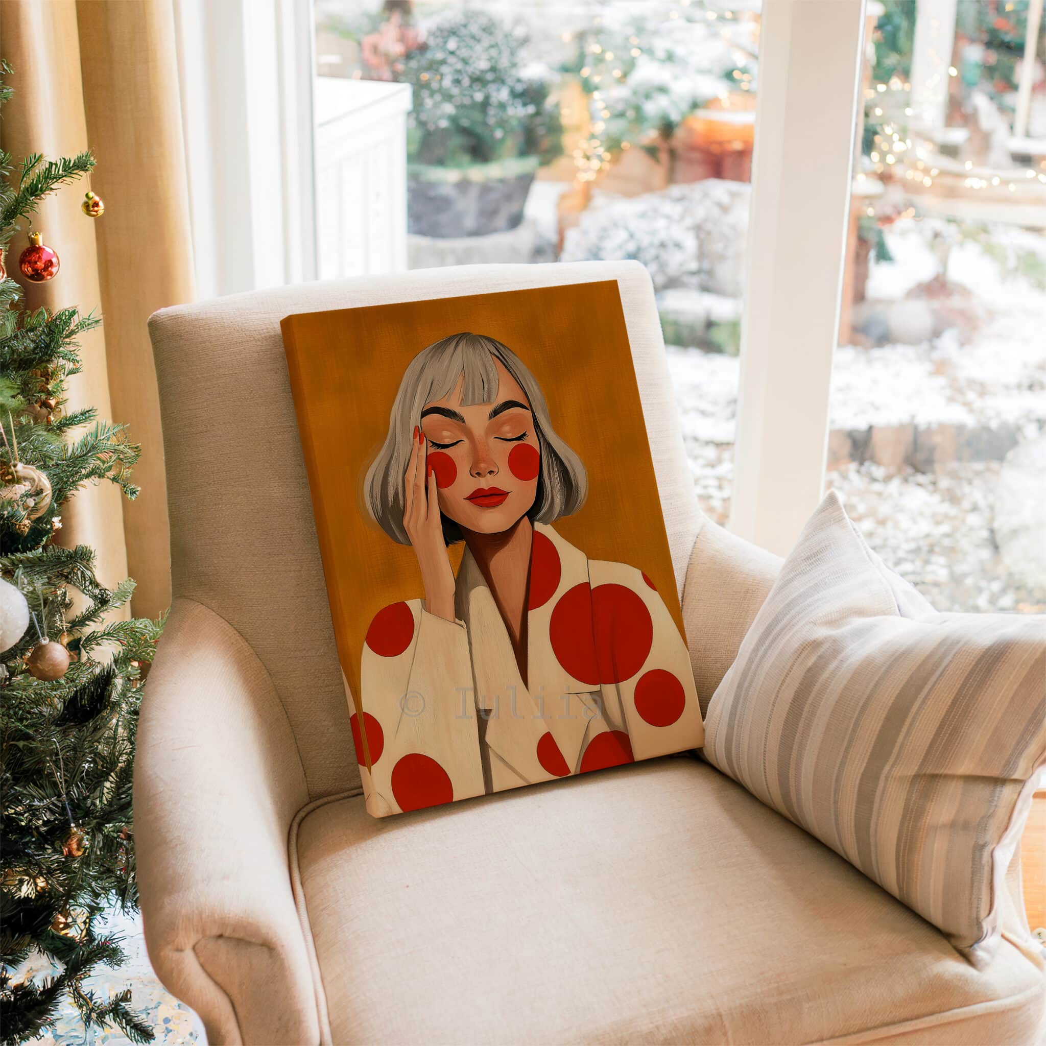 Stylish Woman Art With Polka Dots, Retro Portrait in Ochre and Red, Modern Bedroom Decor - photo #15