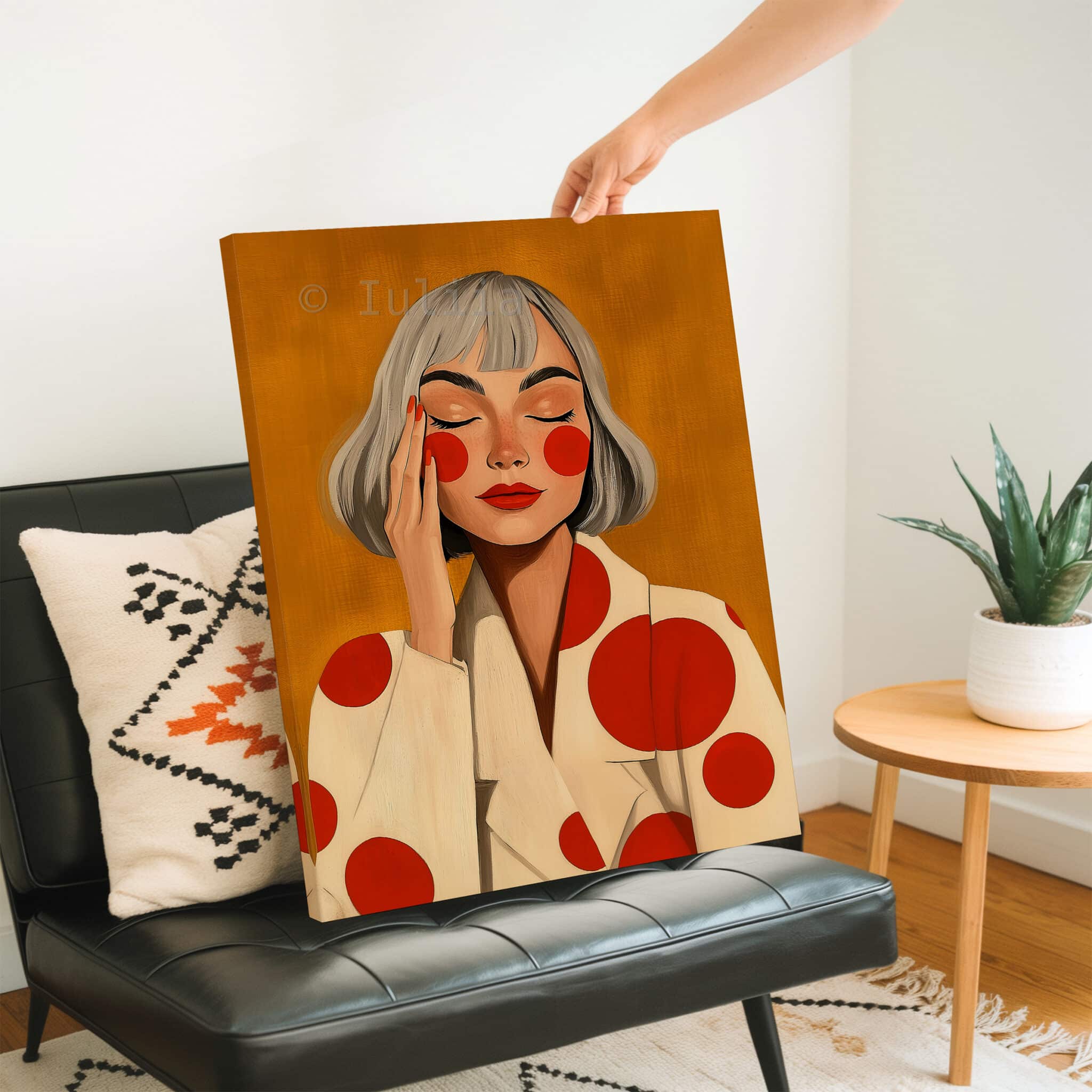 Stylish Woman Art With Polka Dots, Retro Portrait in Ochre and Red, Modern Bedroom Decor - photo #2